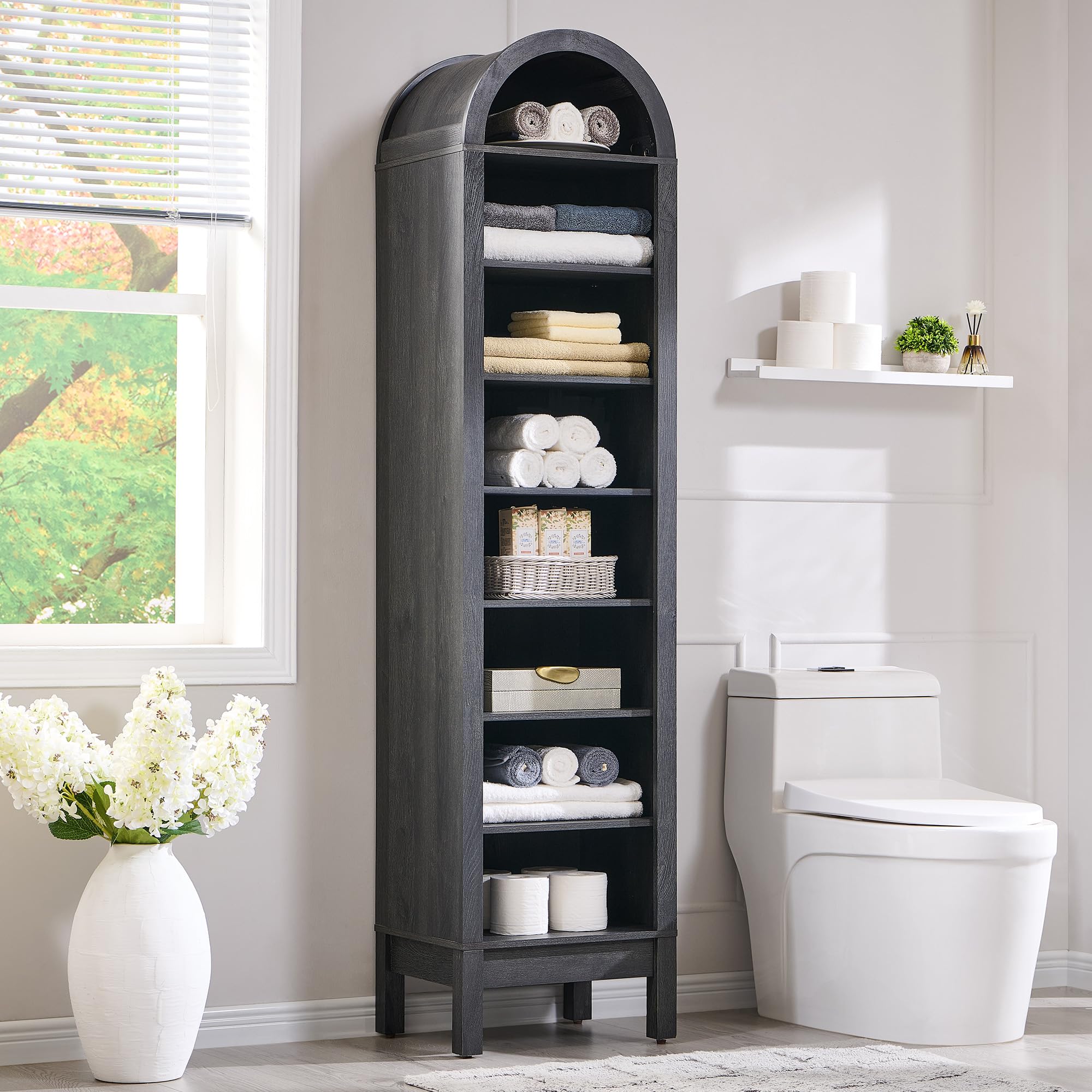 IFBUY 71  Tall Arched Bathroom Storage Cabinet, 8-Tier Modern Farmhouse Storage Cabinet with Adjustable Shelves, Wood Freestandi