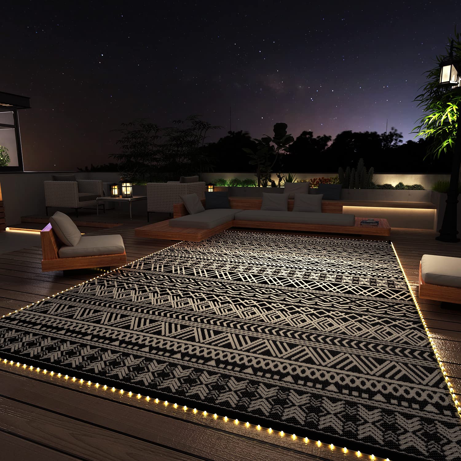 Montvoo-Outdoor Rug Carpet 9X12 Ft For Patio Rv Camping With Led Strip Lights Waterproof Plastic Straw Rug Reversible Portable O