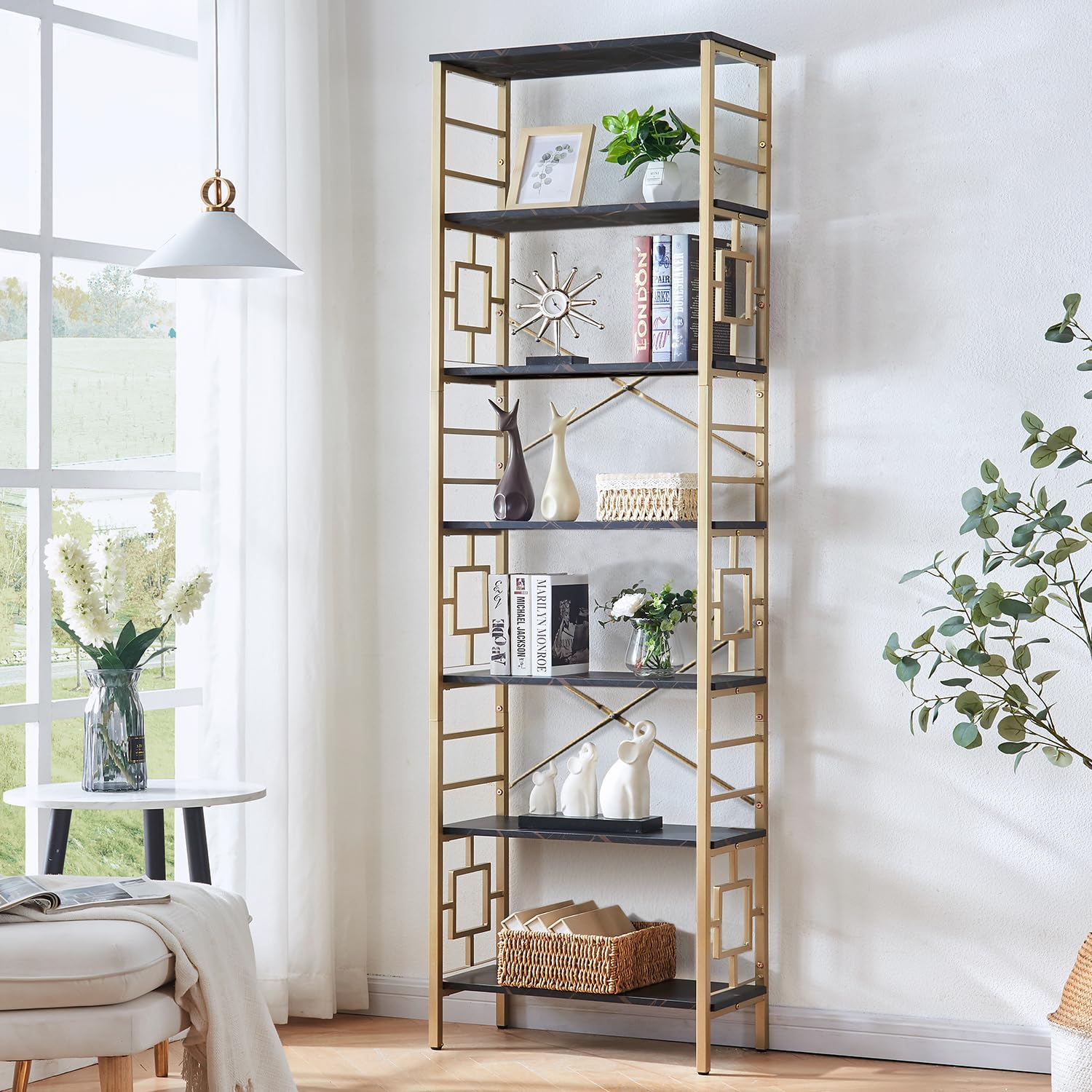 Homissue Bookcase,7-Tier Tall Bookshelf Metal Bookcase And Bookshelves, Free Standing Storage Modern Bookshelf For Home Office Living Room And Bedroom, Black & Gold
