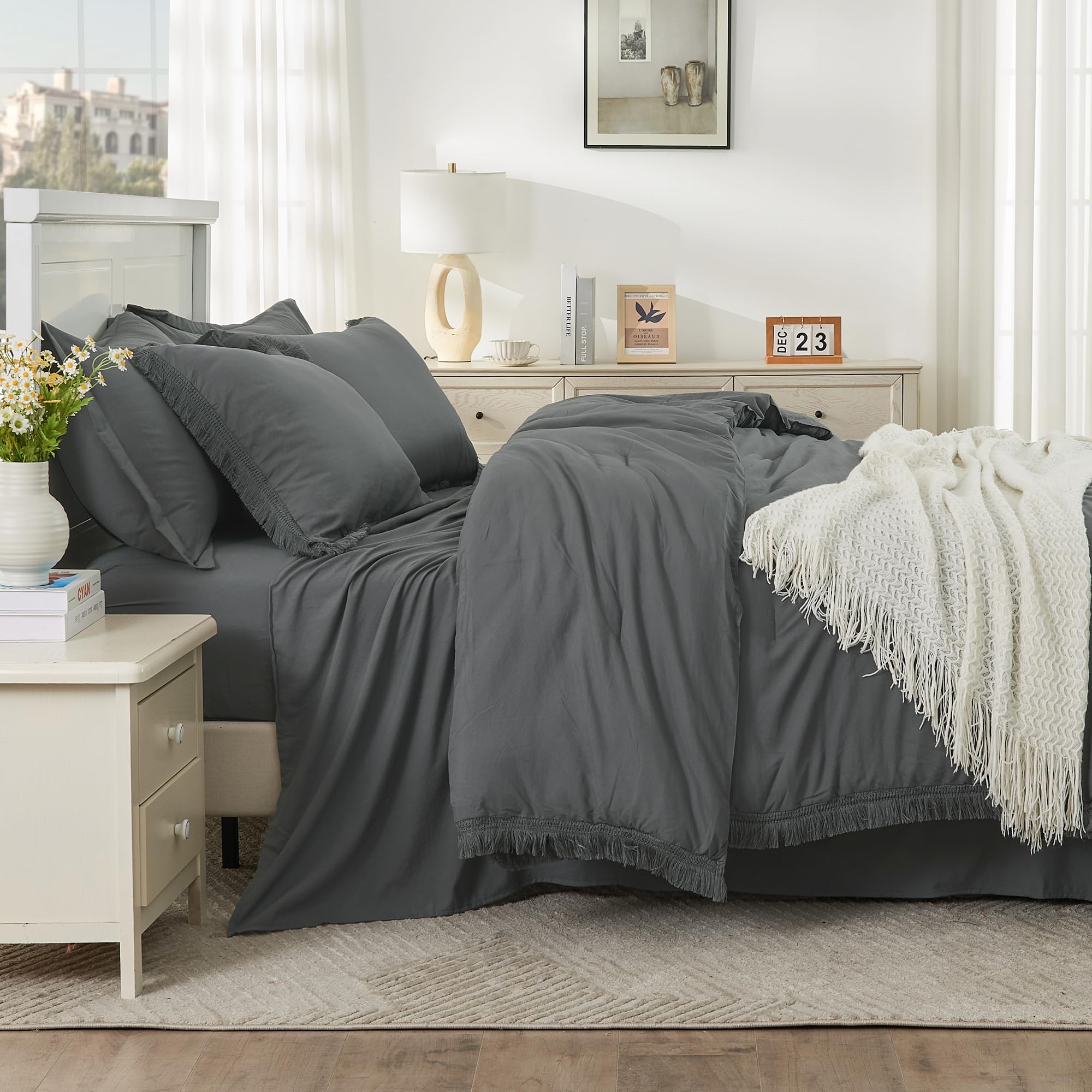 Andency Dark Grey King Size Comforter Set With Sheets - 7 Pieces Boho Tassel Bed In A Bag Soft Lightweight Bedding Sets, Dark Grey Fringe Bed Set With Comforter, Sheets, Pillowcases & Shams