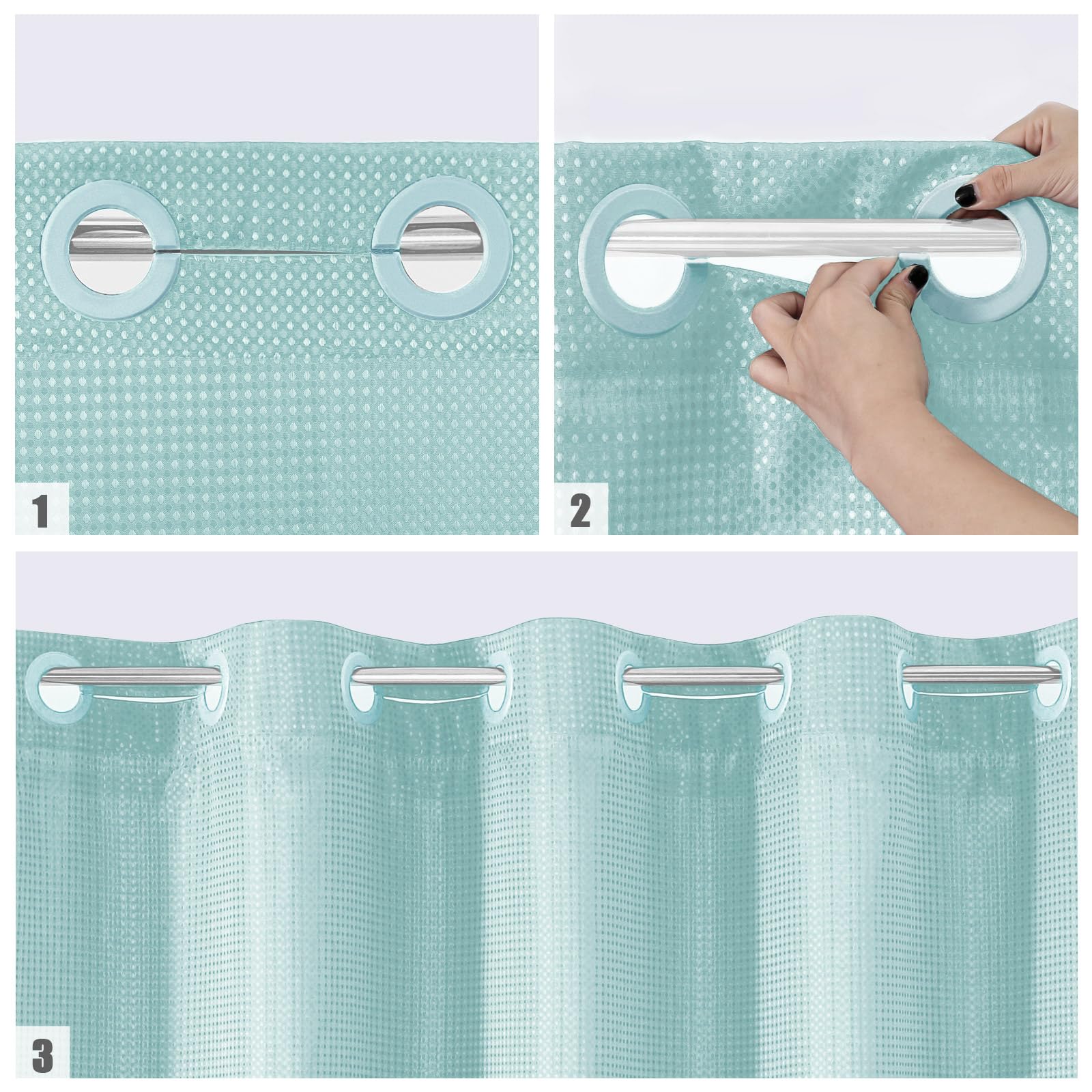 Mitovilla Teal No Hooks Needed Waffle Shower Curtain With Snap-In Liner, Turquoise Modern Waffle Weave Heavy Fabric Cloth Shower