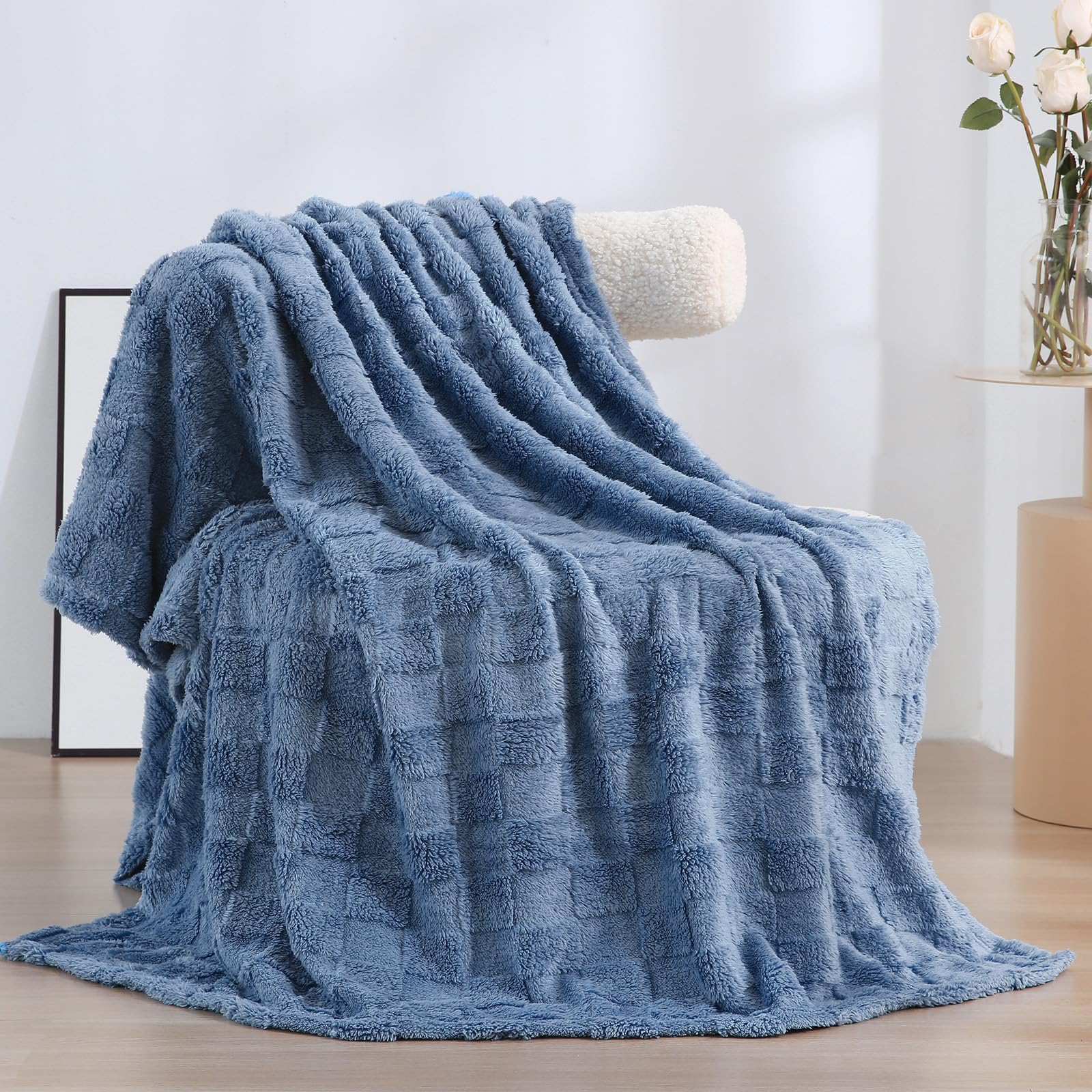 Linecooo Dusty Blue Fleece Throw Blanket 50     60    For Couch Sofa Bed,Super Soft Cozy Plush Microfiber Flannel Blanket With 3