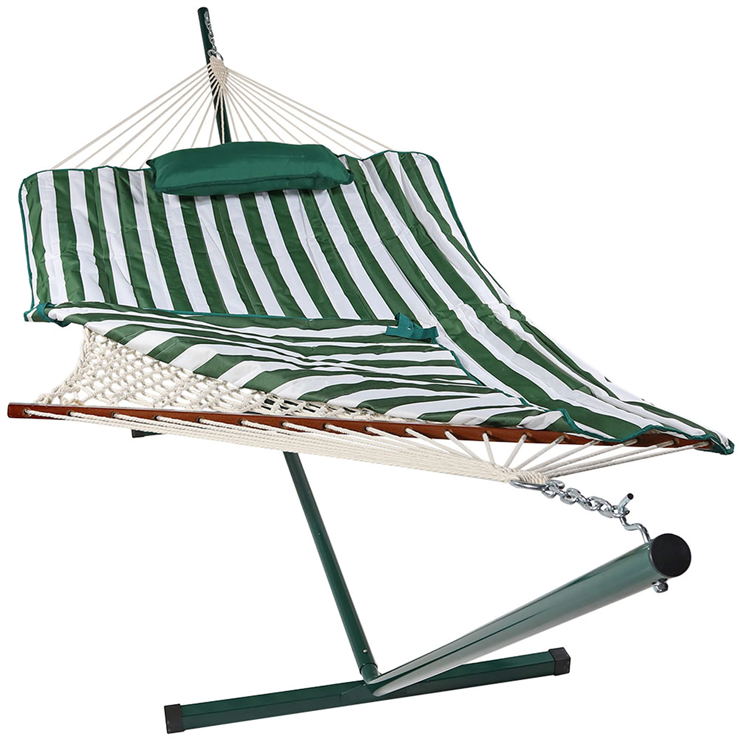 Sunnydaze Rope Hammock with Stand Combo - 275-Pound Capacity - Includes 12-Foot Hammock Stand, Spreader Bar, Pad, and Pillow - G