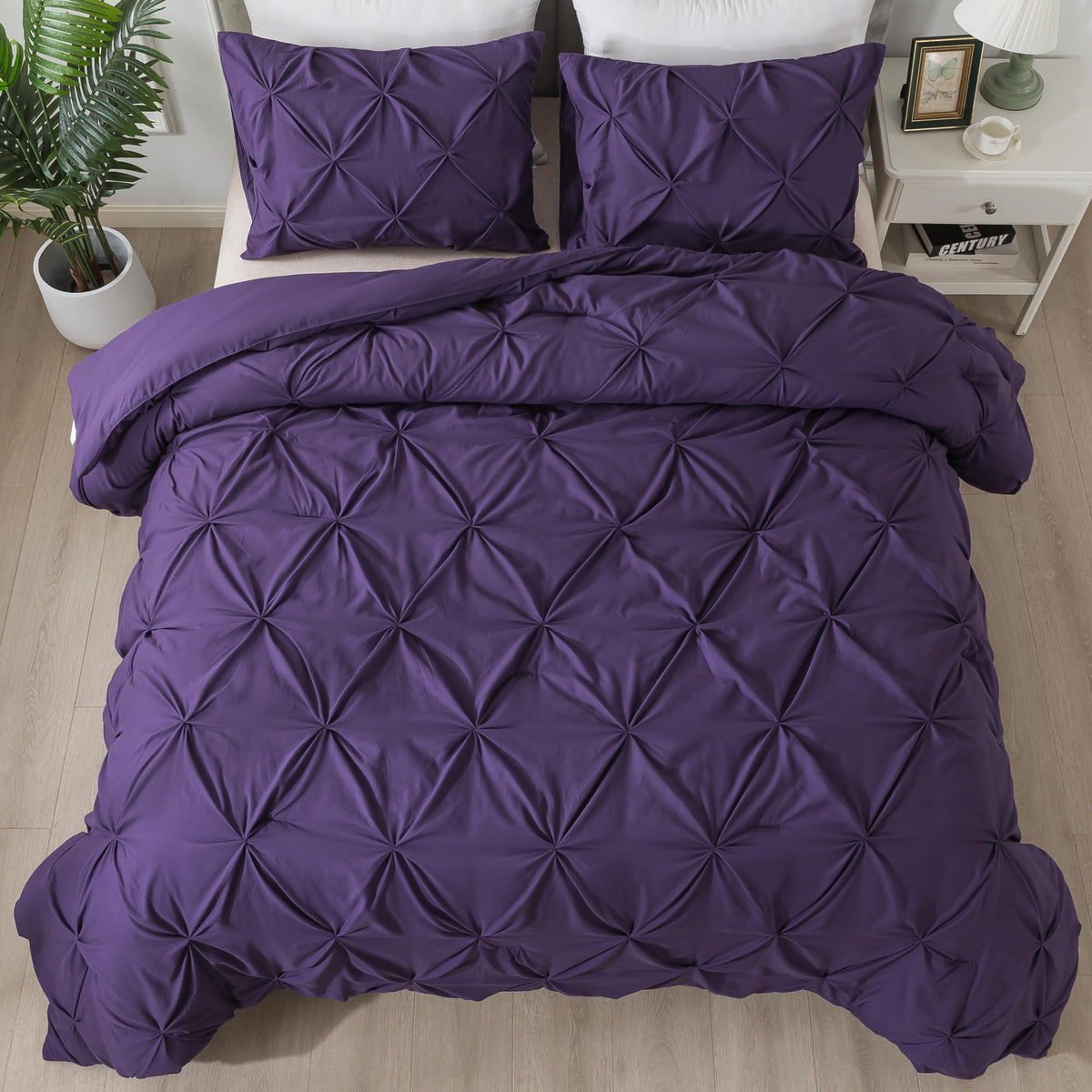 Andency Purple Comforter Full(79X90Inch), 3 Pieces(1 Pintuck Comforter And 2 Pillowcases) Microfiber Pinch Pleat Comforter Set T
