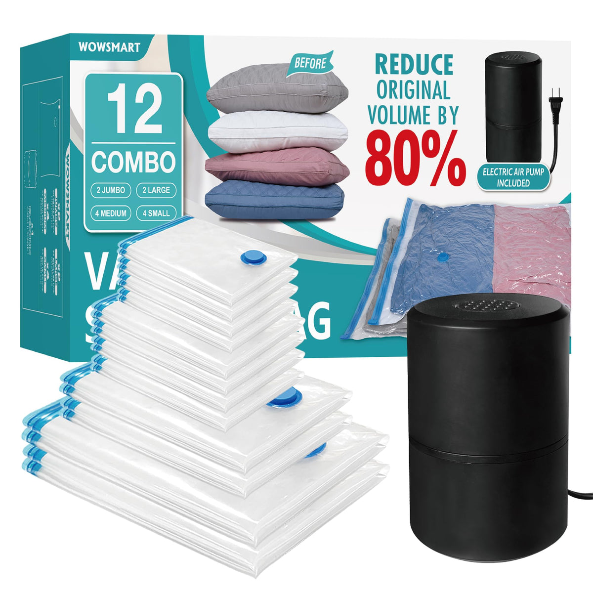 12 Vacuum Storage Bags with Electric Pump, Vacuum Sealed Storage Bags (2Jumbo/2Large/4Medium/4Small), Space Saver Vacuum Seal Ba