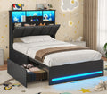 VIAGDO Twin Bed Frames with Bookcase Headboard, Wooden Bed Frame Twin Size with Charging Station, 4 Storage Drawers and LED Ligh