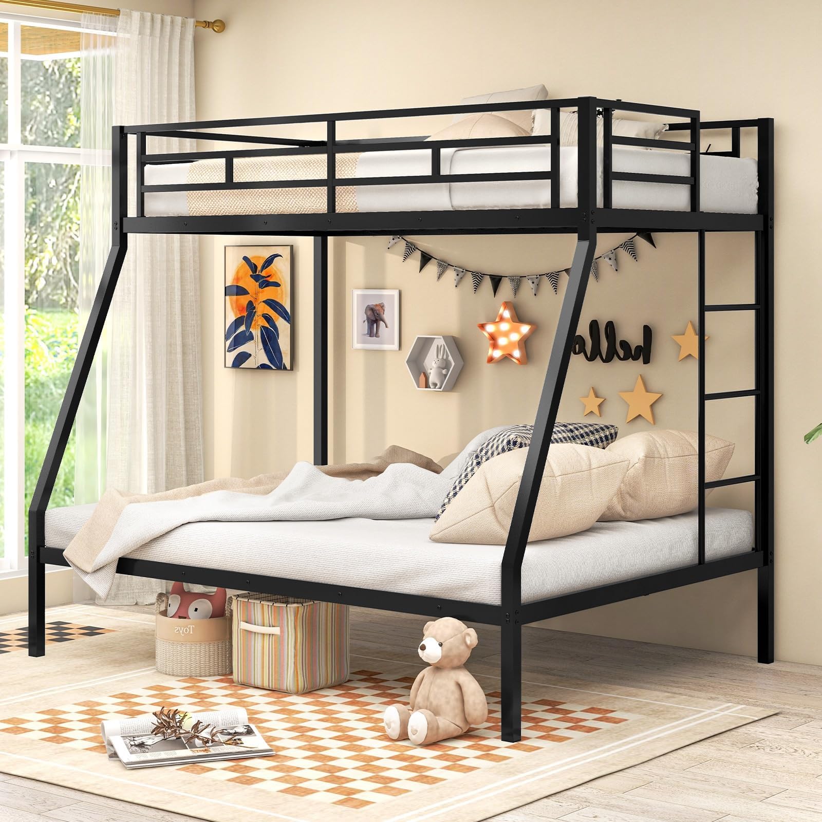 Giantex Bunk Bed Twin Over Full Size, Metal Bunk Bed With Ladder And Steel Frame Support, Space-Saving Triple Bunk Bed For Boys Girls Adults, Noise Free, No Box Spring Needed, Black