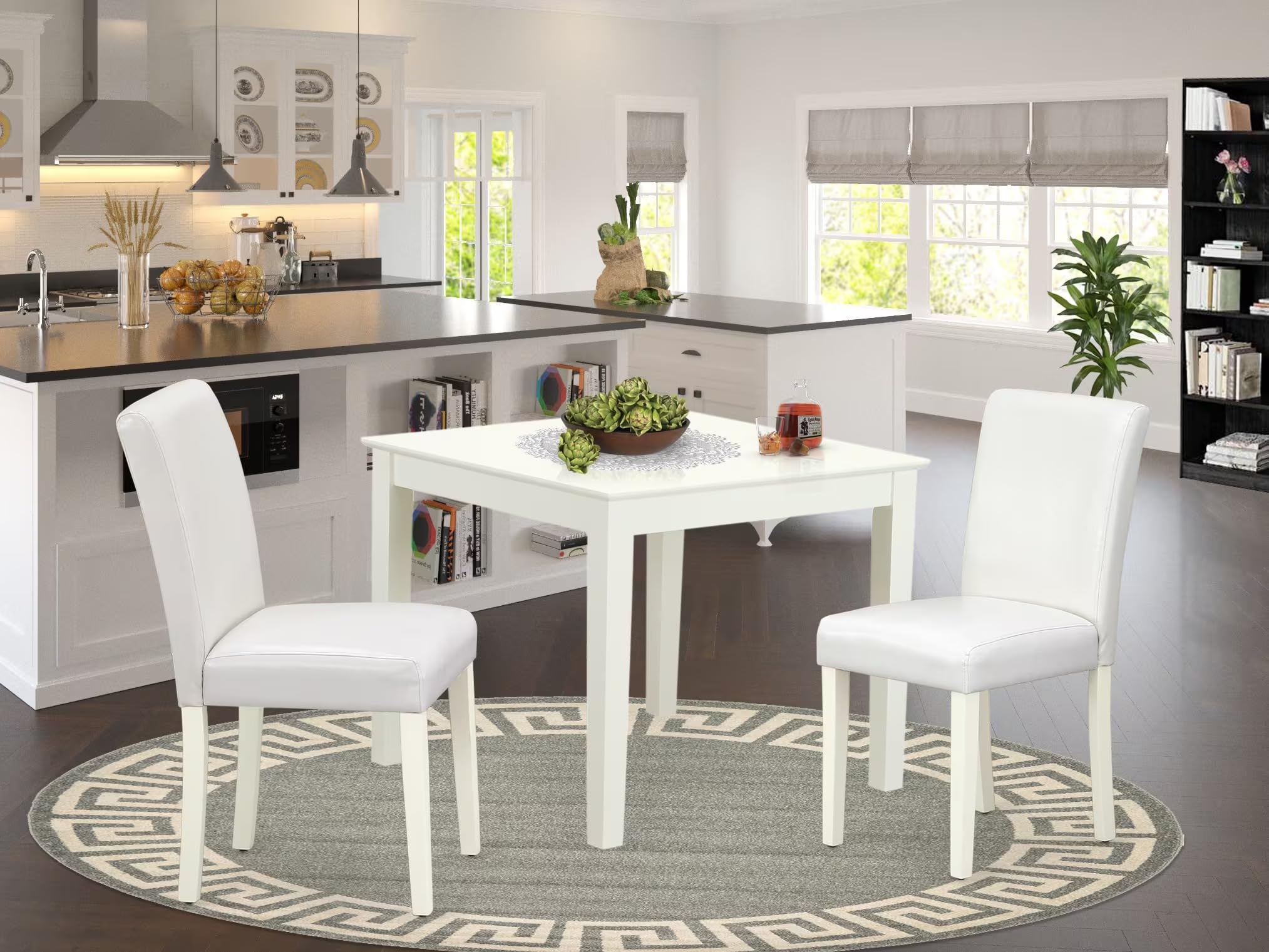 East West Furniture Oxab3-Lwh-64 3 Piece Dining Table Set For Small Spaces Contains A Square Dining Room Table And 2 White Faux Leather Upholstered Parson Chairs, 36X36 Inch, Linen White