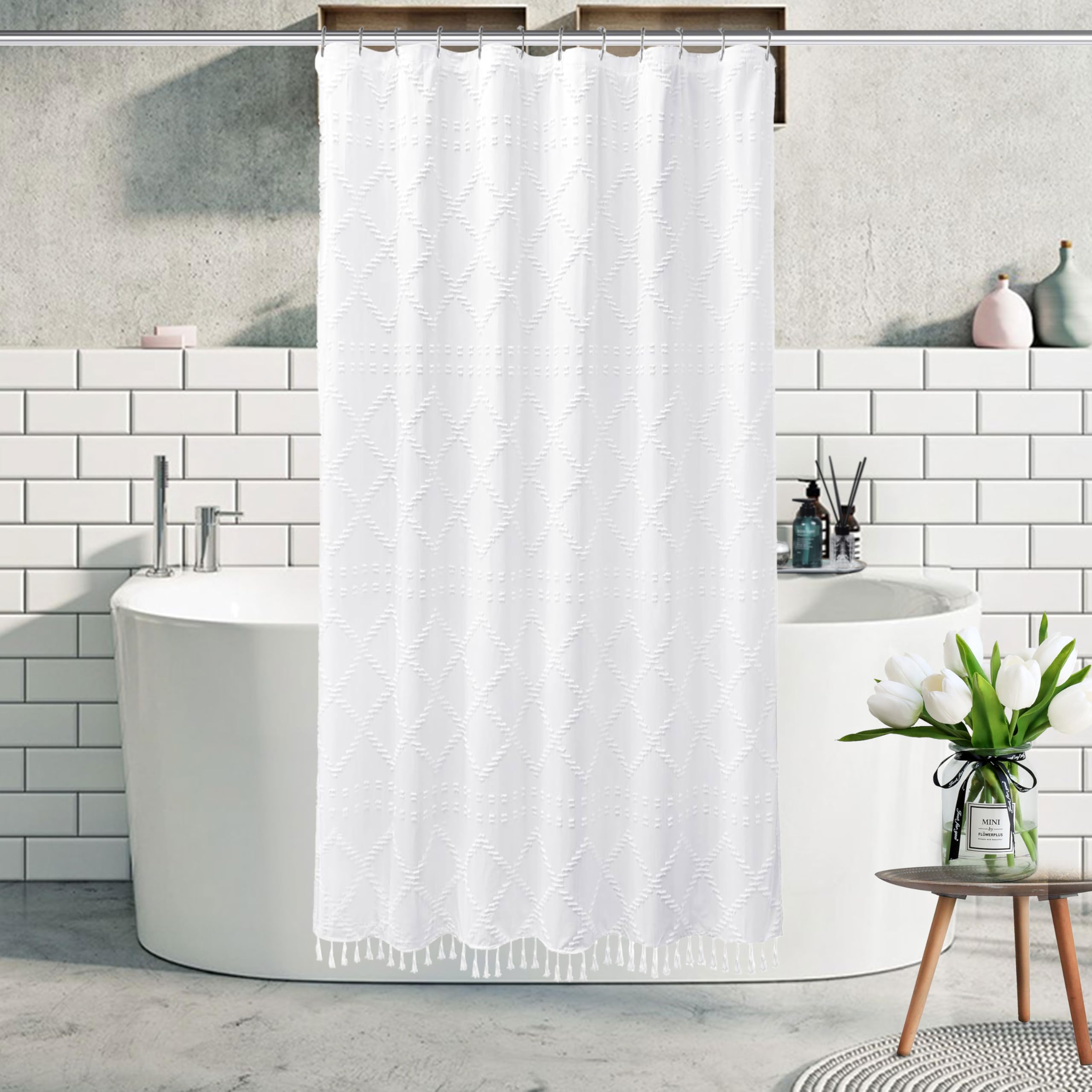 Stall Boho White Woven Fabric Shower Curtain With Tassels 42 X 72 Modern Farmhouse Minimalist Tufted Chevron Striped Shabby Chic