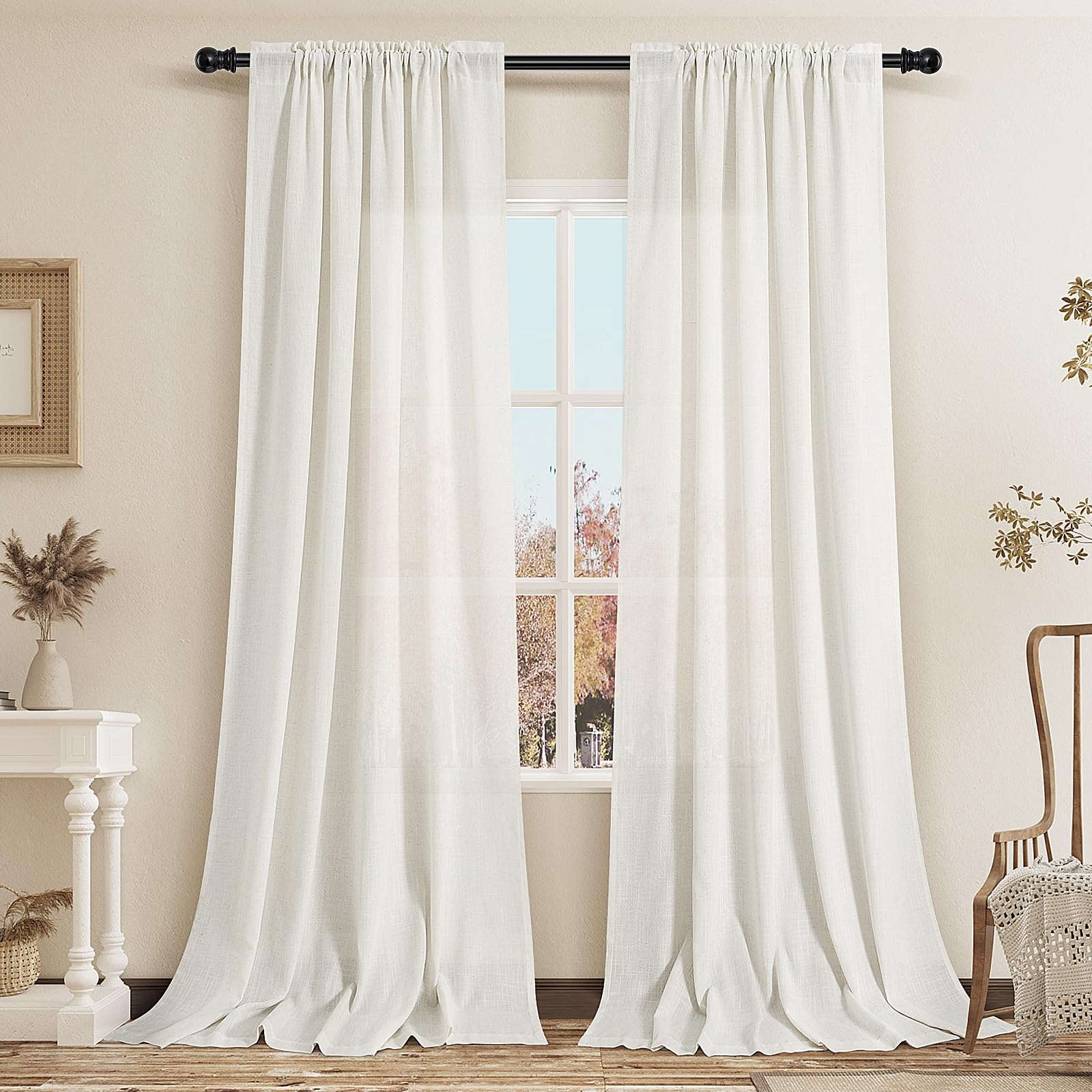 Guken Natural Linen Curtains 105 Inch Length For Living Room Bedroom 2 Panels Set Rod Pocket Light Filtering Semi Sheer Window C