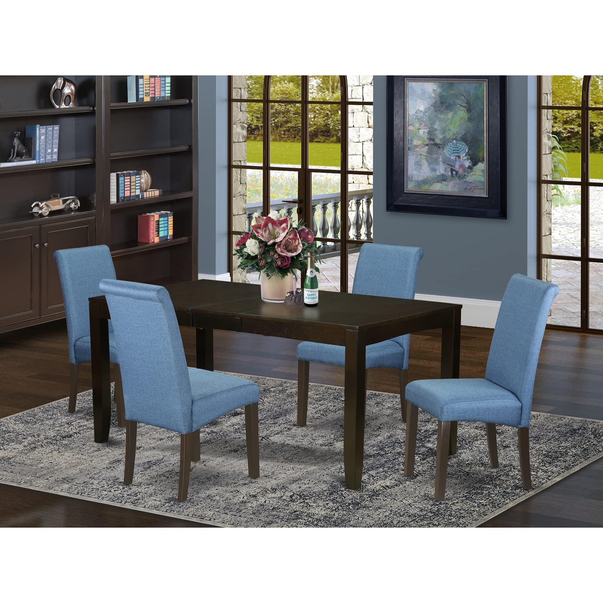 East West Furniture Lyba5-Cap-21 Lynfield 5 Piece Dining Set Includes A Rectangle Wooden Table With Butterfly Leaf And 4 Blue Color Linen Fabric Upholstered Chairs, 36X66 Inch