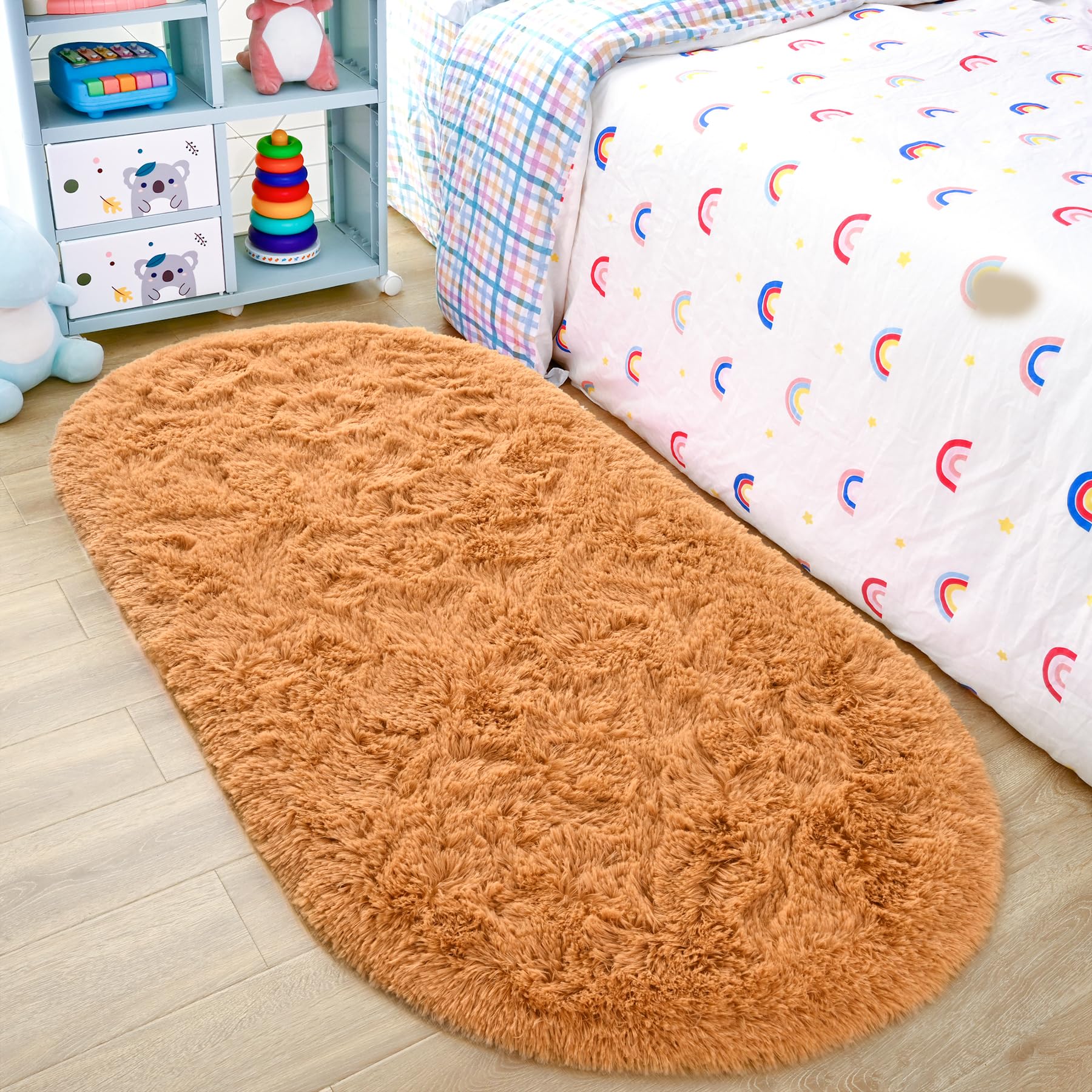 Noahas Ultra Soft Fluffy Bedroom Rugs,2.6 X 5.3 Oval Khaki Fluffy Rugs for Bedroom,Small Throw Rugs, Kids Room Carpet Modern S