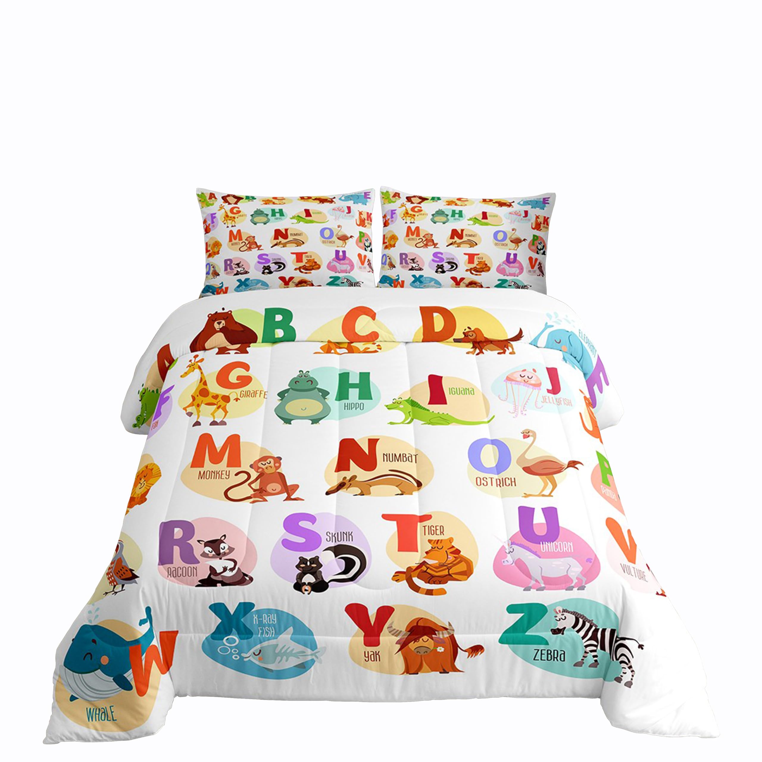 Alphabet Bedding Set For Kids Room Decor Cute Cartoon English Alphabet Comforter Set For Child Boys Girls,Animal Abc Fish Patter
