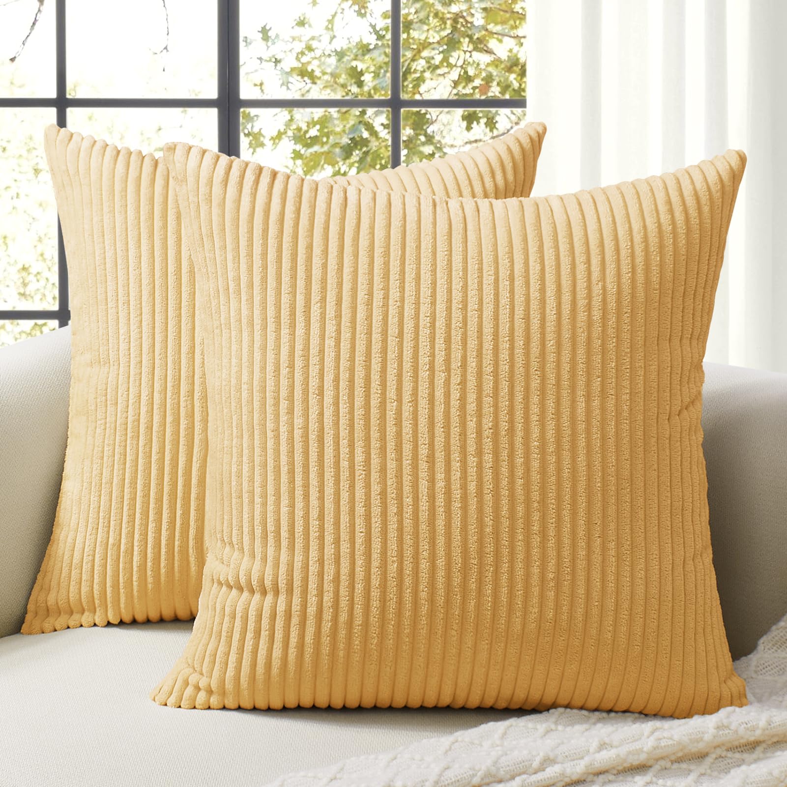 Softalker Decorative Throw Pillow Covers 16X16, Set Of 2 Soft Corduroy Striped Boho Solid Pillow Cover, Modern Farmhouse Home De