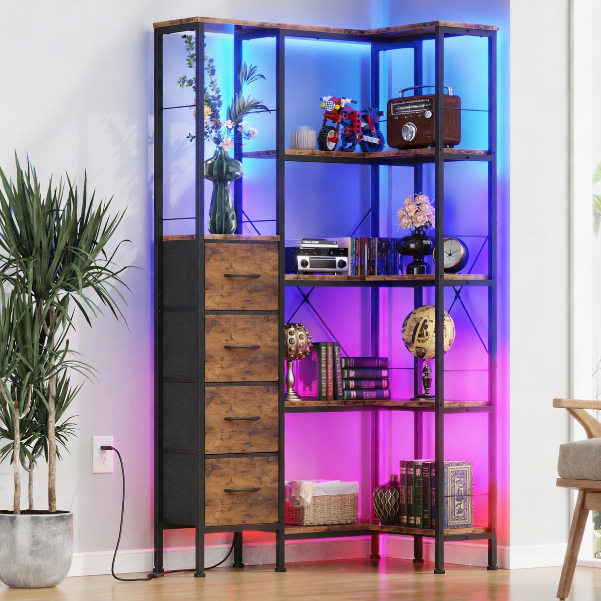 AFLUI 5Tier Corner Bookshelf with LED Light Strips, 4 Fabric Drawers