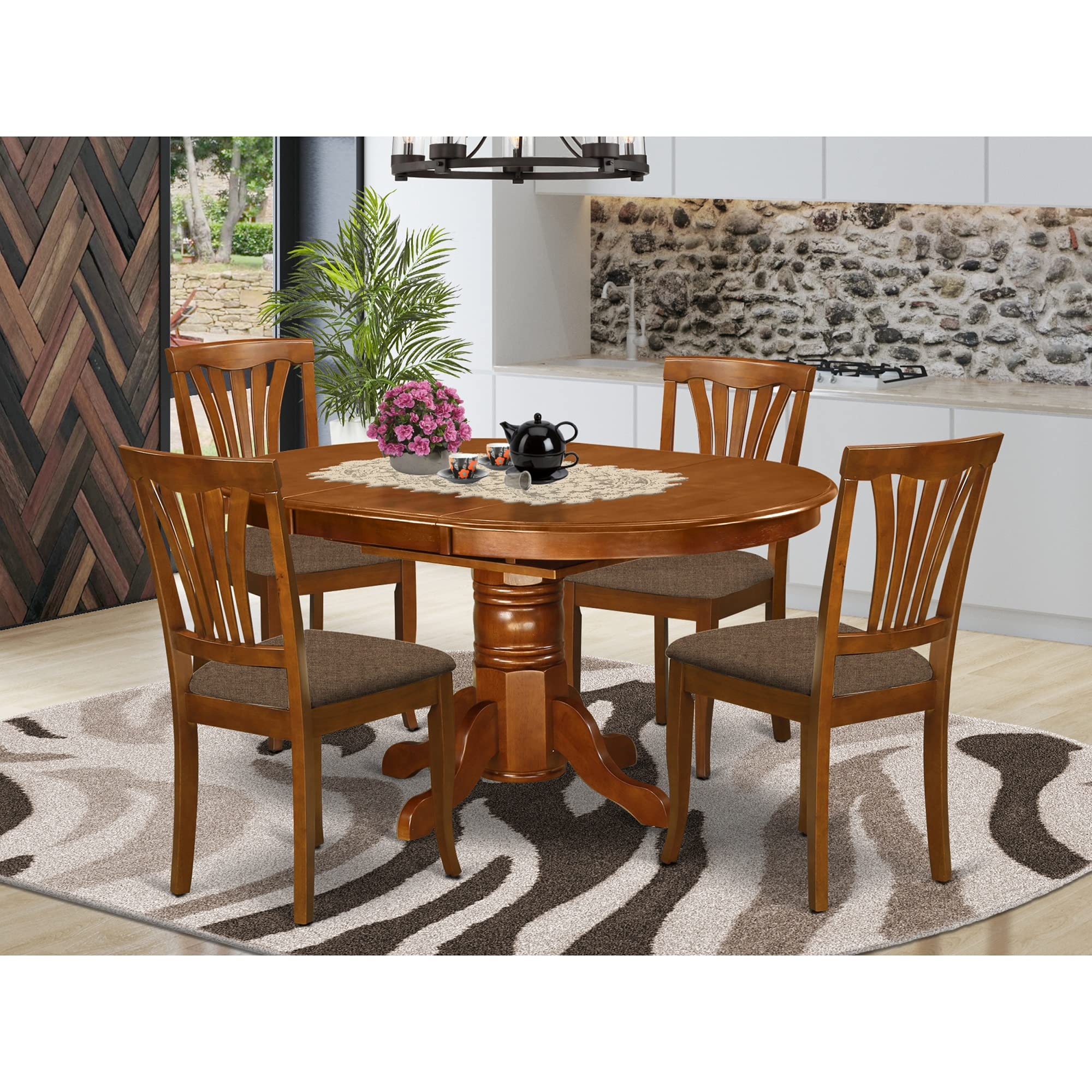 East West Furniture AVON5-SBR-C 5 Piece Dining Table Set for 4 Includes an Oval Kitchen Table with Butterfly Leaf and 4 Linen Fabric Kitchen Dining Chairs, 42x60 Inch, Saddle Brown