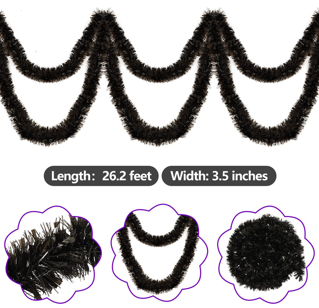 26.2 Feet Black Holiday Tinsel Garland For Christmas,Halloween, Birthday, Weddings, Party Decorations, Xmas Foil Tinsel Garland