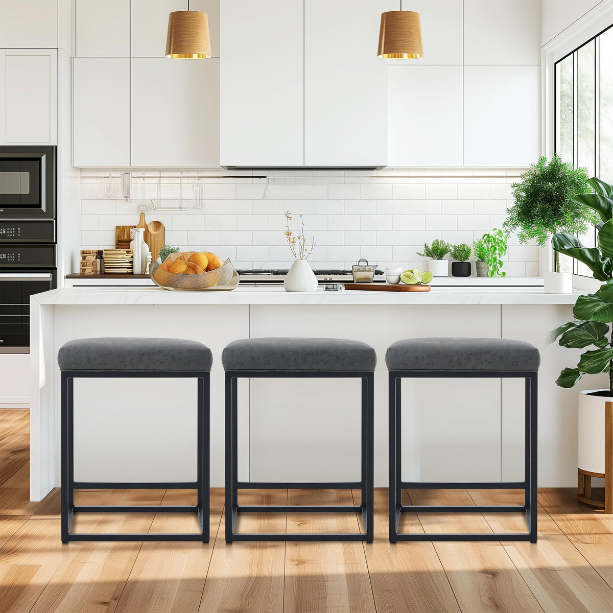 Maison Arts Counter Height 24' Bar Stools Set Of 3 For Kitchen Counter Backless Modern Barstools Industrial Upholstered Faux Leather Stools Farmhouse Island Chairs, (24 Inch, Grey)