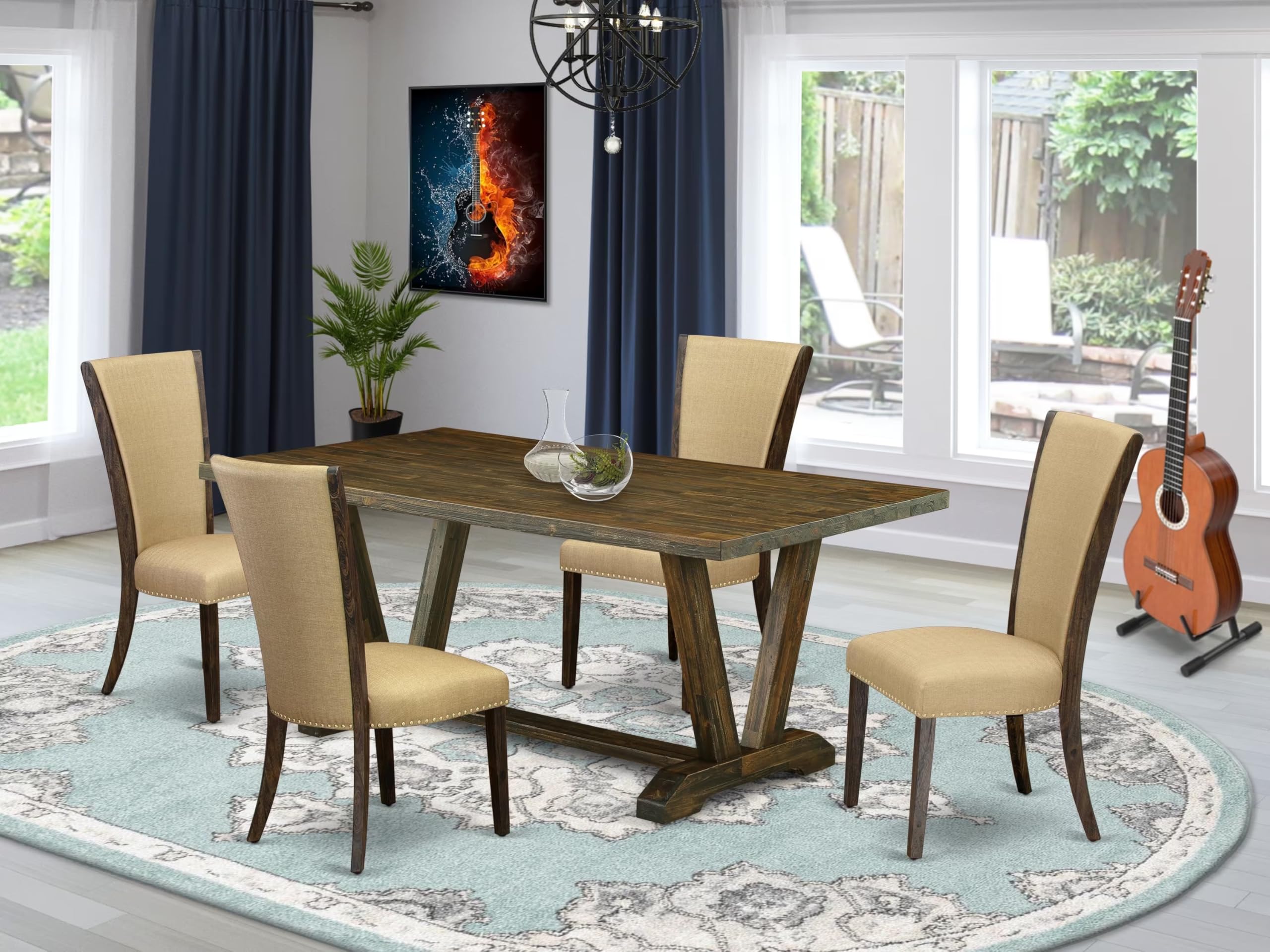 East West Furniture V777VE703-5 5 Piece Dinette Set for 4 Includes a Rectangle Dining Room Table with V-Legs and 4 Brown Linen Fabric Upholstered Parson Chairs, 40x72 Inch, Multi-Color