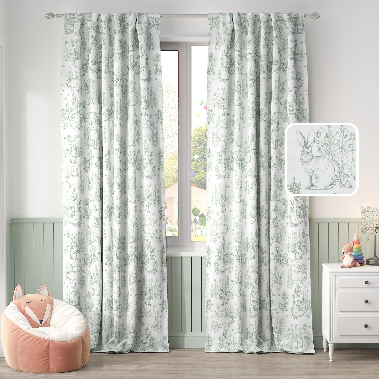 Jinchan Linen Curtains For Bedroom 84 Inch Long Farmhouse Easter Sage Green Curtains French Country Toile Curtains Animal Printe