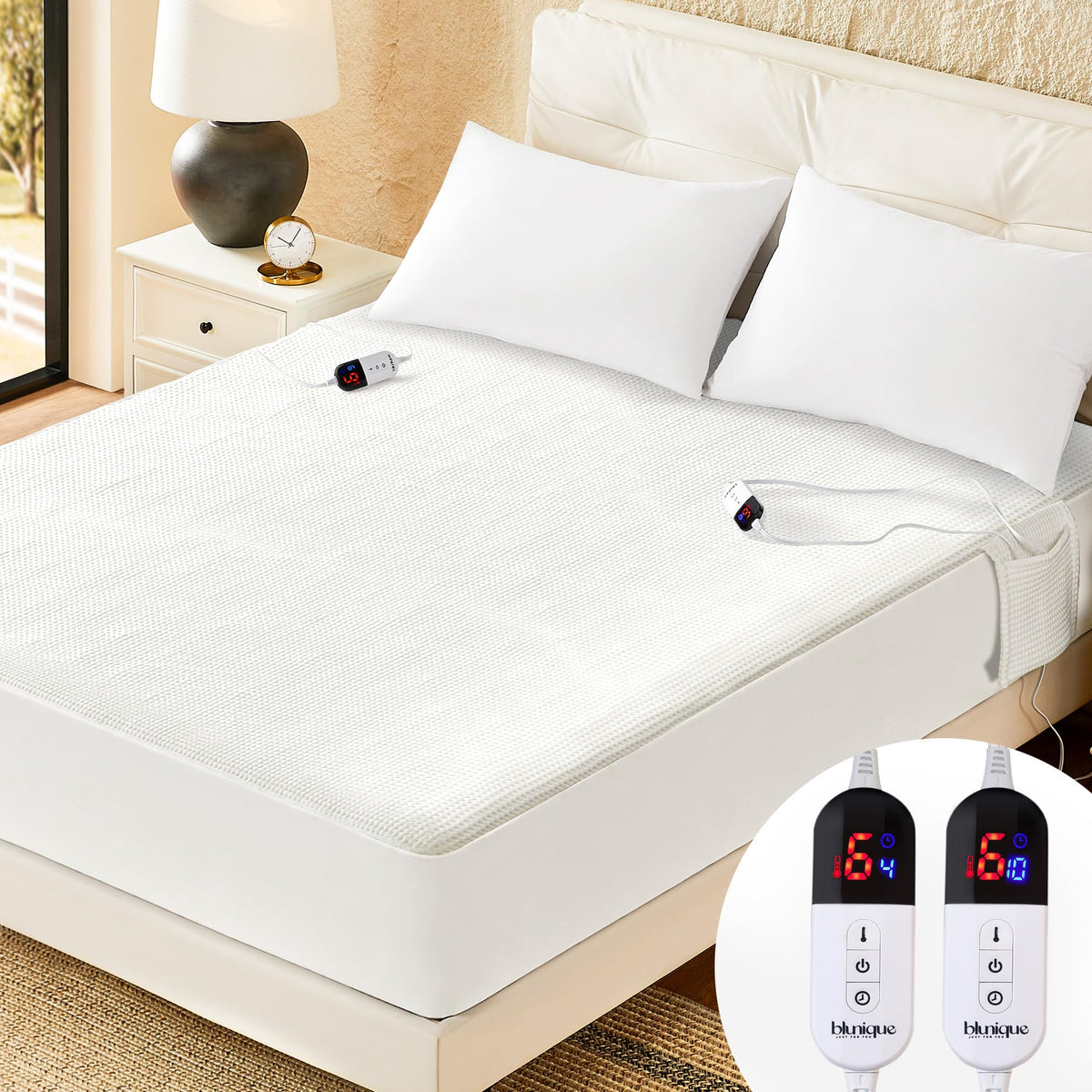 Blunique Electric Heated Mattress Pad Queen Size Dual Control Bed Warmer, Deep Pocket, Side Storage Pouch For Controller, Machin