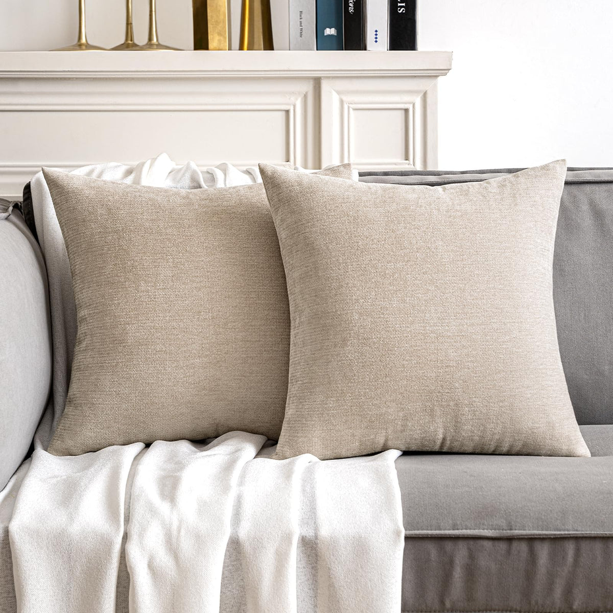 Miulee Pack Of 2 Beige Decorative Pillow Covers 22X22 Inch Soft Chenille Couch Throw Pillows Farmhouse Cushion Covers For Home D