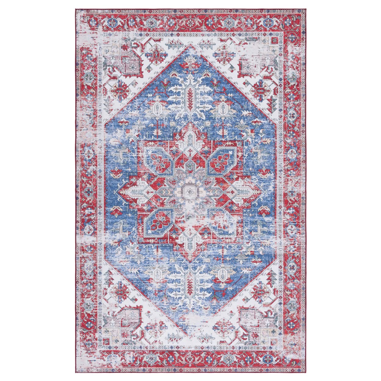 SAFAVIEH Tucson Collection Area Rug - 66 x 9, Blue & Red, Persian Medallion Design, Non-Shedding Machine Washable & Slip Resis