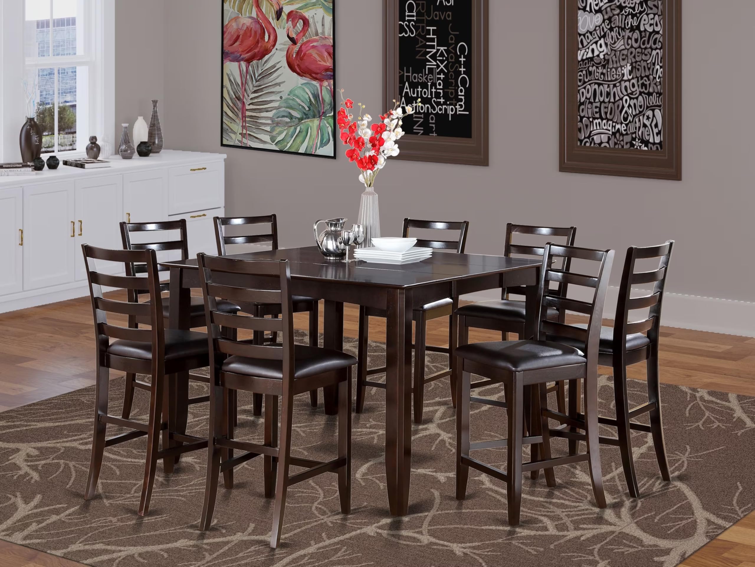 East West Furniture FAIR9-CAP-LC 9 Piece Counter Height Dining Set Includes a Square Kitchen Table with Pedestal and 8 Faux Leather Dining Room Chairs, 54x54 Inch, Cappuccino