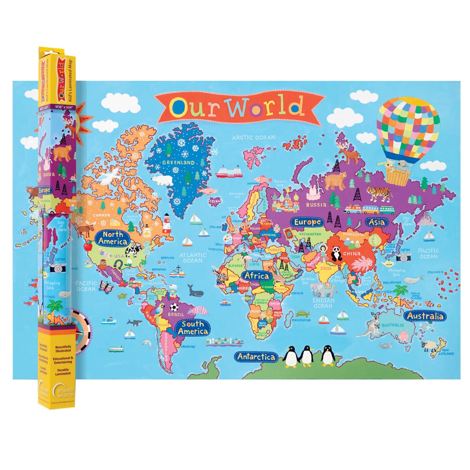 Round World Products RWPKM01BN Kid's World Wall Map, 24'' x 36'', Pack of 2, Multi