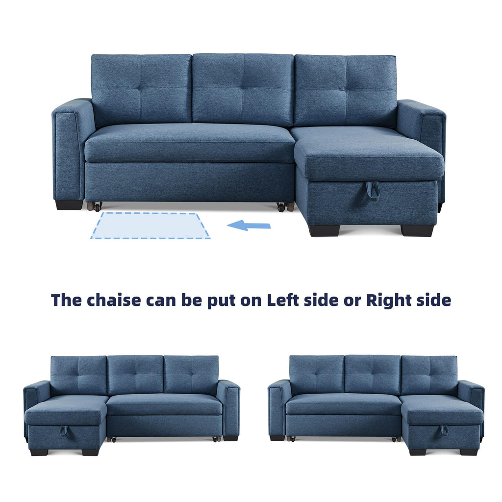American Furniture Classics Blue Tufted Sectional Chaise Sofa Sleeper with Storage, 92" x 59" x 36"