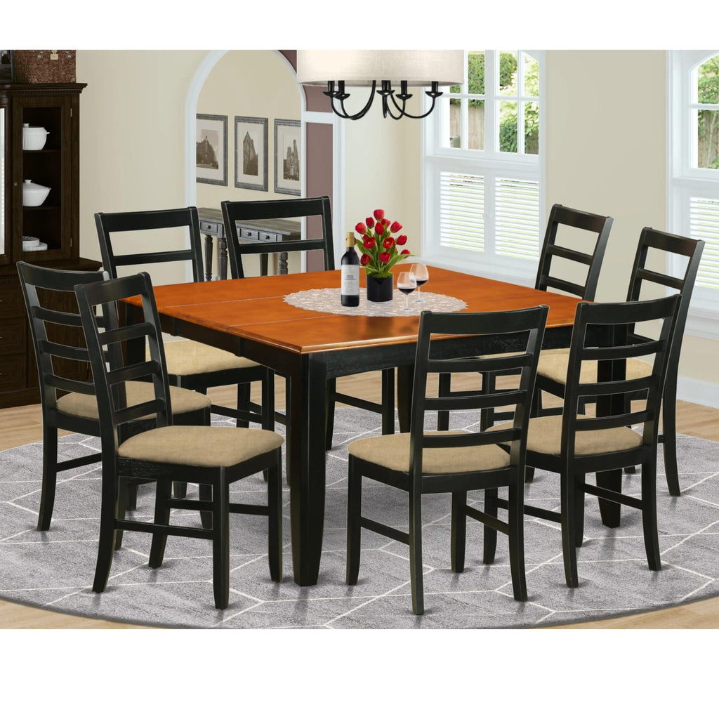 East West Furniture PARF9-BCH-C 9 Piece Dining Table Set Includes a Square Dinner Table with Butterfly Leaf and 8 Linen Fabric Dining Room Chairs, 54x54 Inch, Black & Cherry