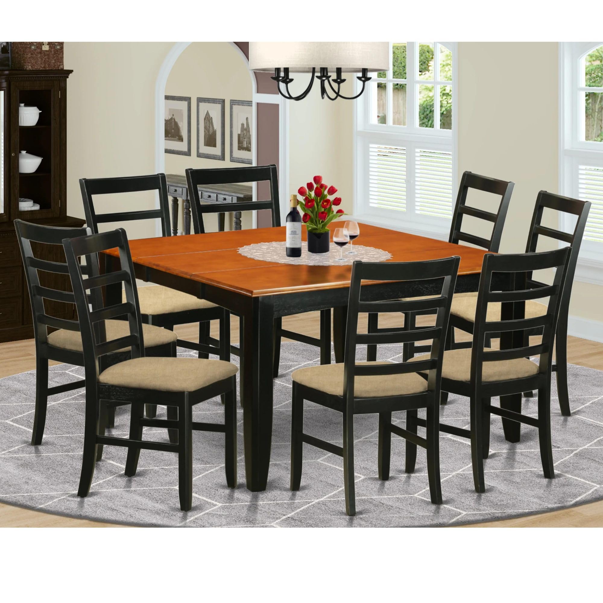 East West Furniture PARF9-BCH-C 9 Piece Dining Table Set Includes a Square Dinner Table with Butterfly Leaf and 8 Linen Fabric Dining Room Chairs, 54x54 Inch, Black & Cherry