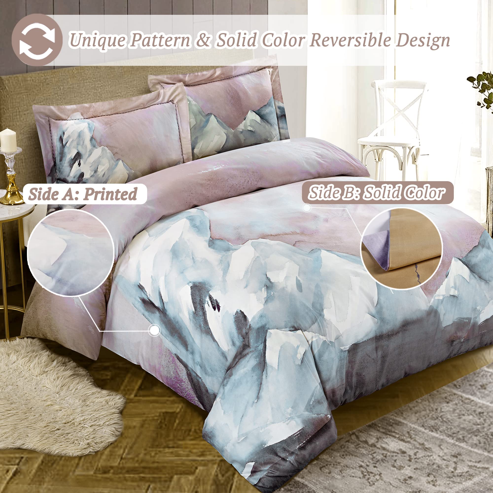 Mildly 100% Long-Staple Cotton Duvet Cover Set Abstract Gray Pink Marble Pattern Printed Comforter Cover 3Pcs, Ultra Soft & Brea