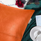Brawarm Faux Leather Throw Pillow Covers 18 X 18 Inches, Orange Leather Pillow Cover, Hand Stitched Leather Decorative Pillow Co