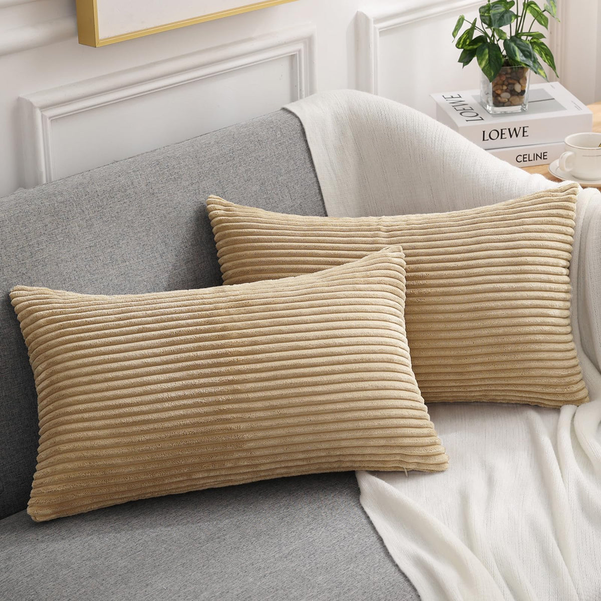 Mecatny Corduroy Throw Pillow Covers 12X20 Set Of 2 - Striped Decorative Pillow Covers For Living Room, Bed - Soft Lumbar Couch