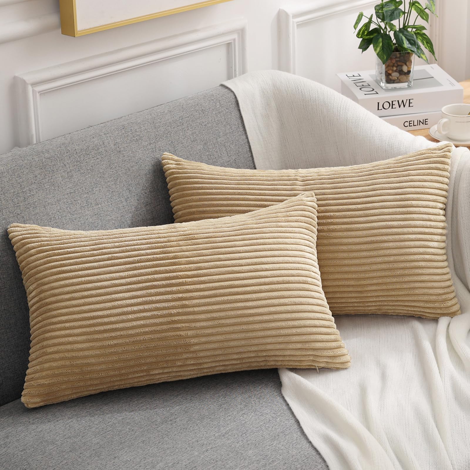 Mecatny Corduroy Throw Pillow Covers 12X20 Set Of 2 - Striped Decorative Pillow Covers For Living Room, Bed - Soft Lumbar Couch