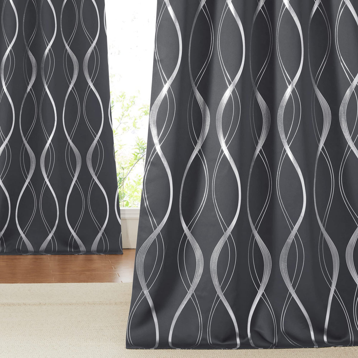 Nicetown Bedroom Blackout Curtains Panels - Window Treatment Thermal Insulated Solid Grommet Blackout Wave Line Foil Print Desig