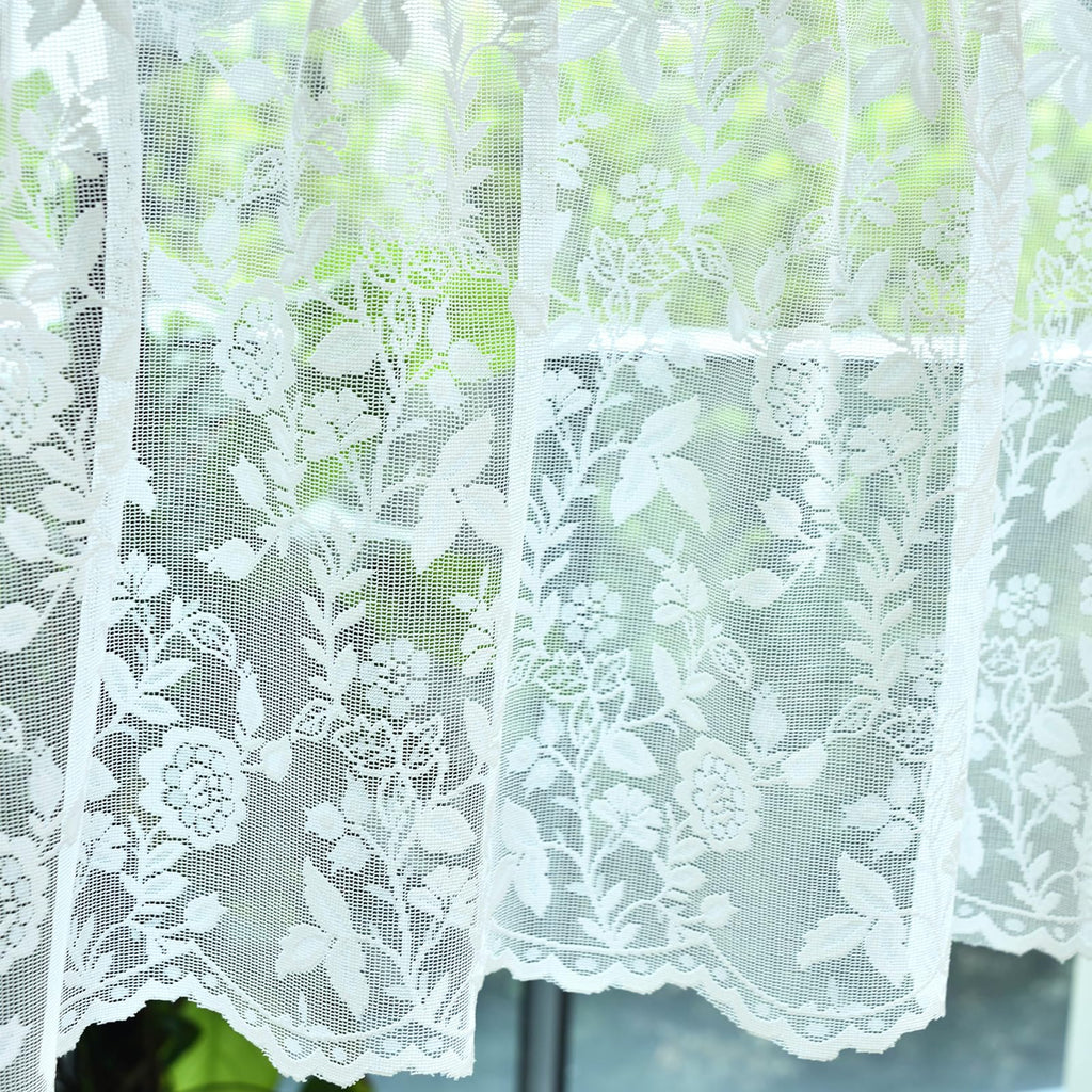 FINECITY Lace Valances for Windows Over Sink, Rustic Leaf Floral Scalloped Bottom Sheer Kitchen Valance Curtain 18 Inch Length, 