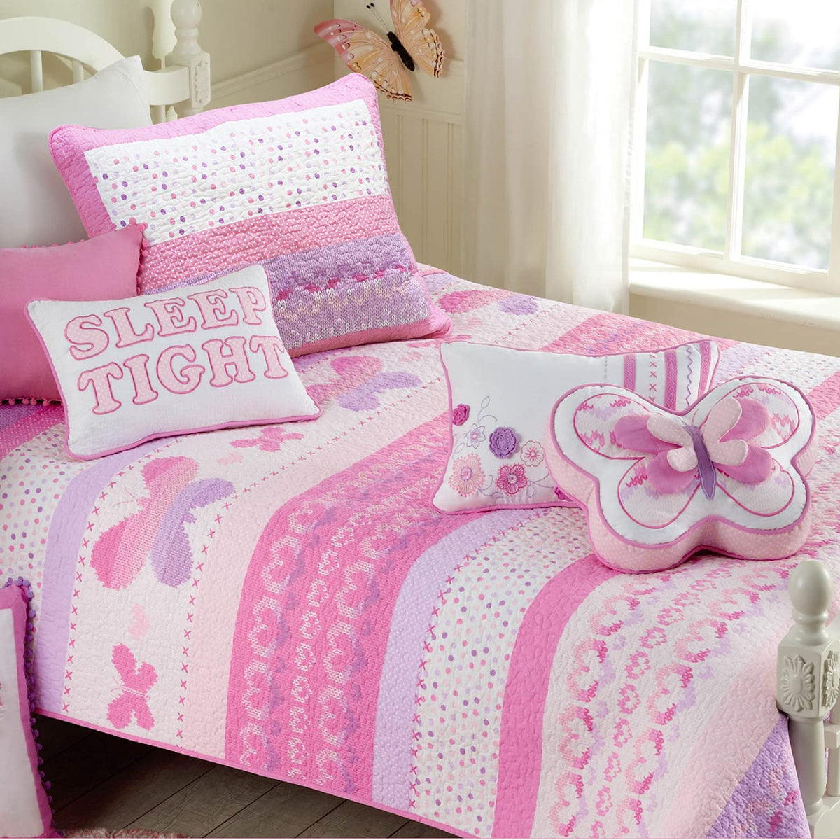 Cozy Line Home Fashions Cute Pink Butterfly Stripe Hearts 100% Cotton Soft Bedding Quilt Set, Coverlet, Bedspread (Twin - 2 Piec