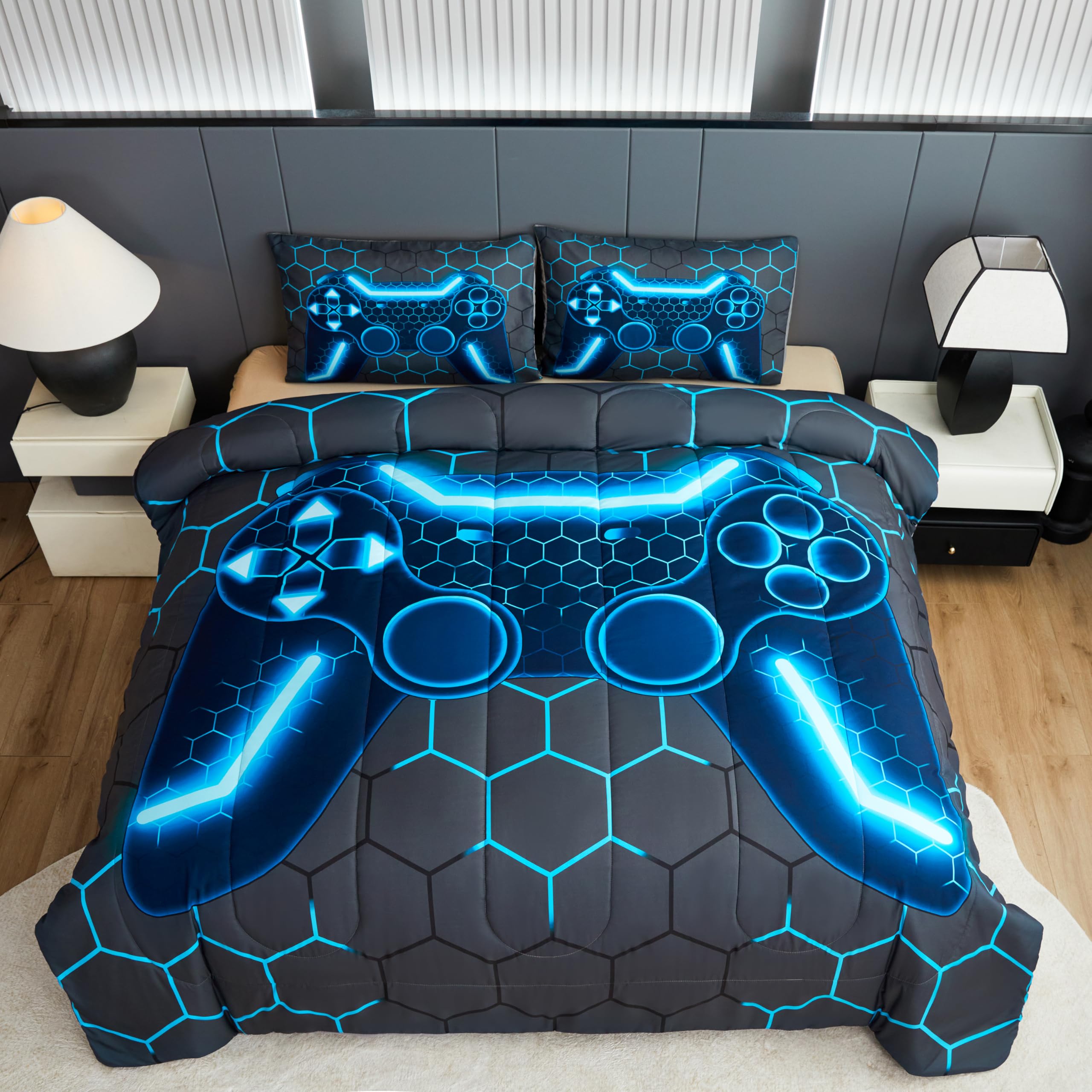 Akkialla Gaming Twin Size Bedding Set For Kids Boys Girls And Teens,Game Controller Comforter Set(2 Pieces) Down Alternative Com