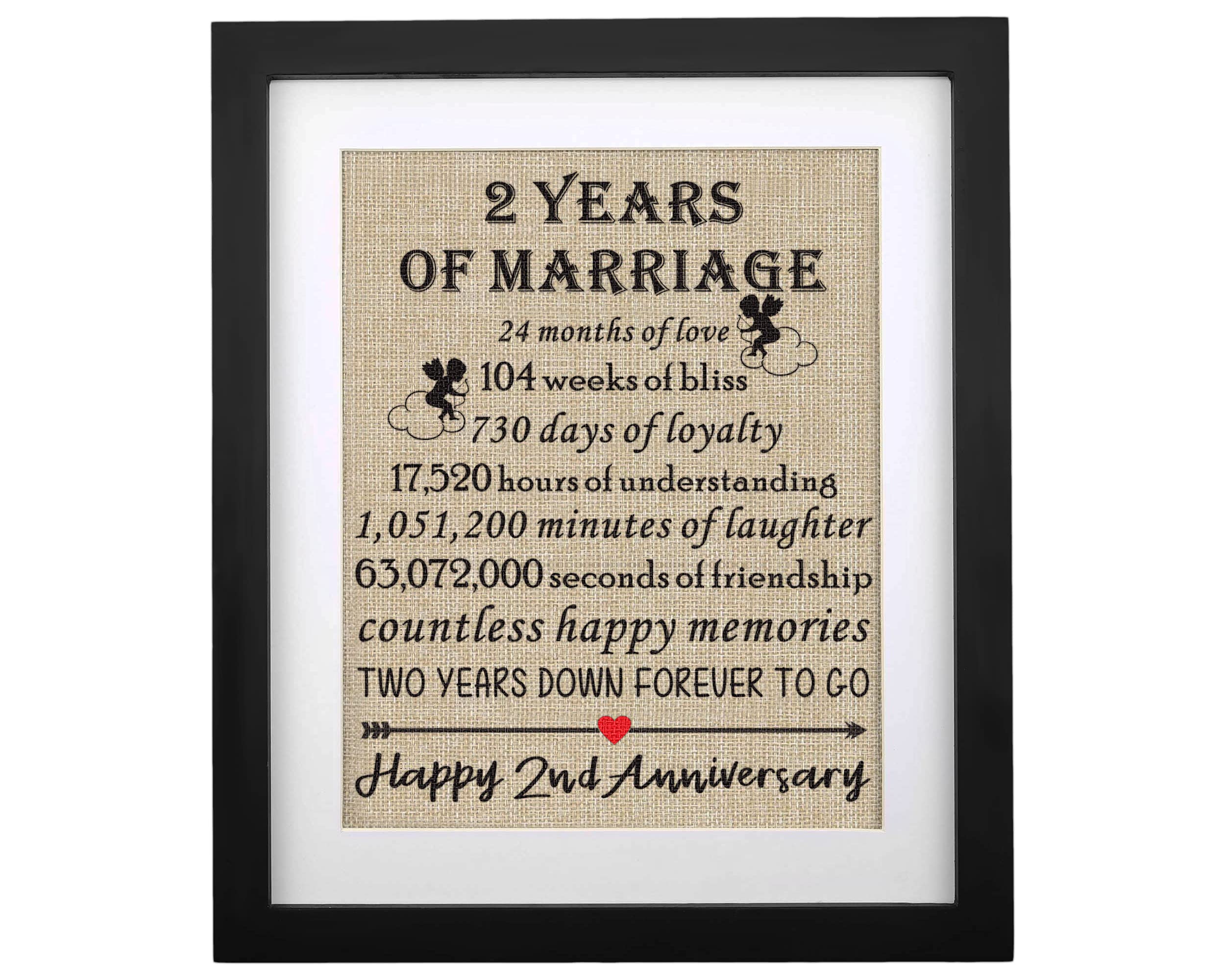 Framed 2nd Anniversary Burlap Print Gifts for 2nd Wedding Anniversary Keepsake Gift for Husband Wife Cotton Anniversary 2 Years 
