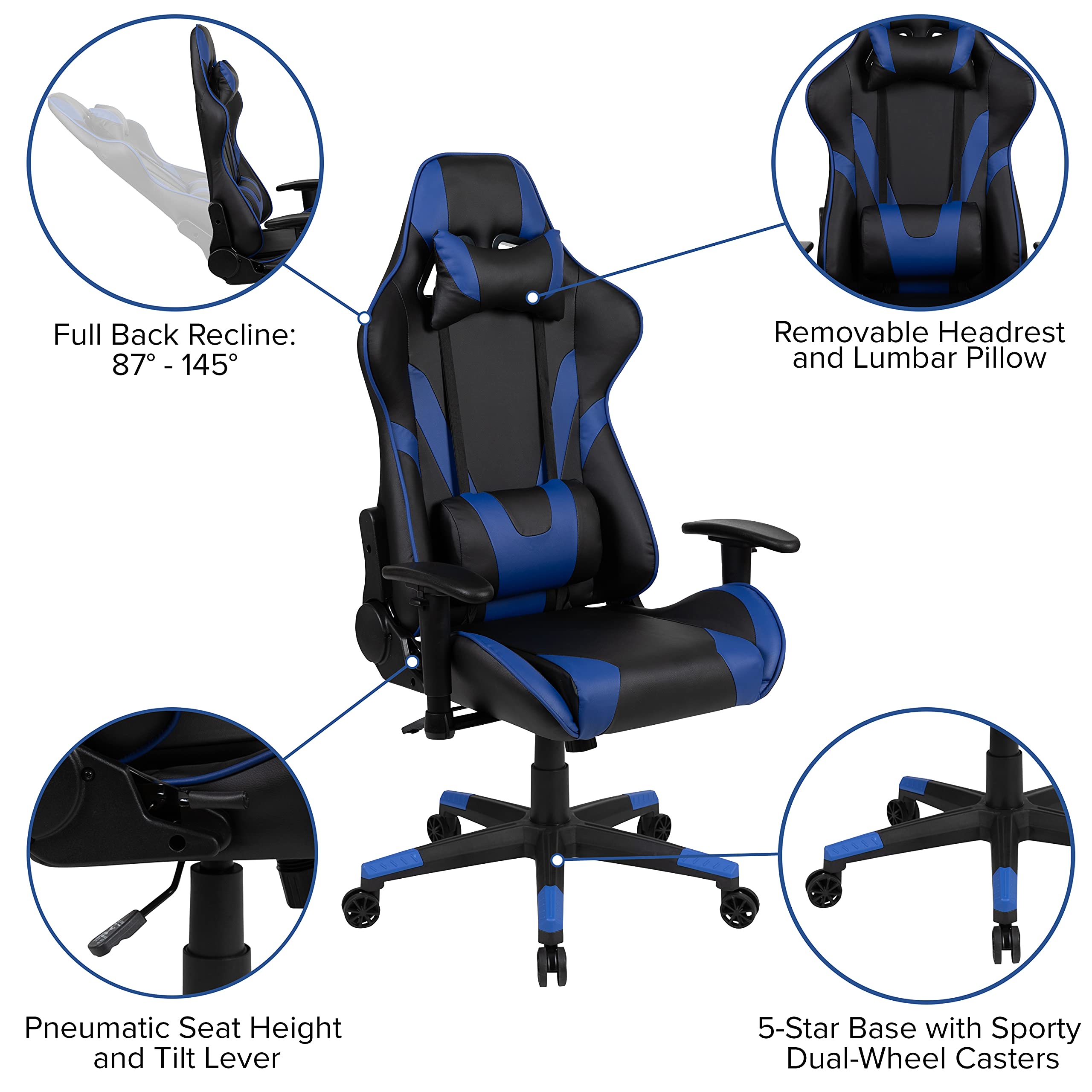 Flash Furniture Black Gaming Desk And Blue/Black Reclining Gaming Chair Set With Cup Holder, Headphone Hook & 2 Wire Management Holes