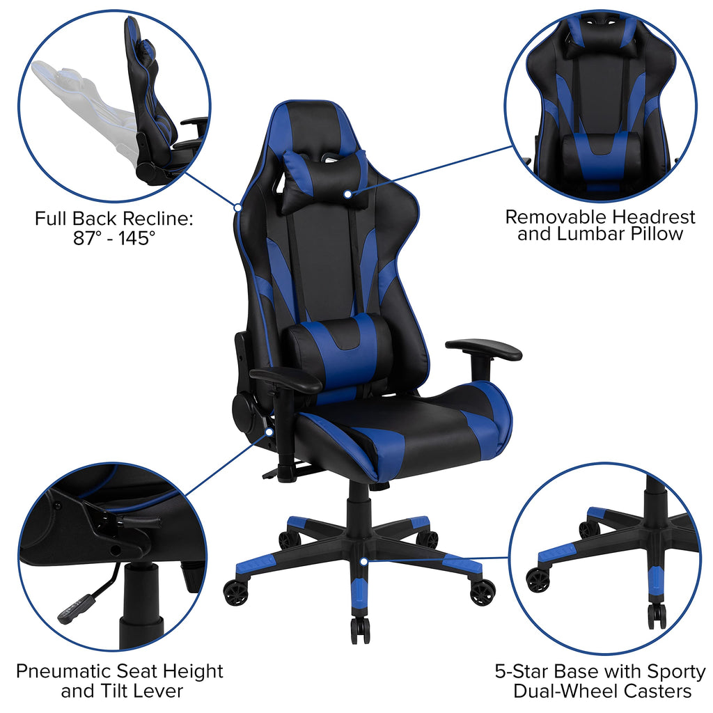 Flash Furniture Black Gaming Desk And Blue/Black Reclining Gaming Chair Set With Cup Holder, Headphone Hook & 2 Wire Management Holes