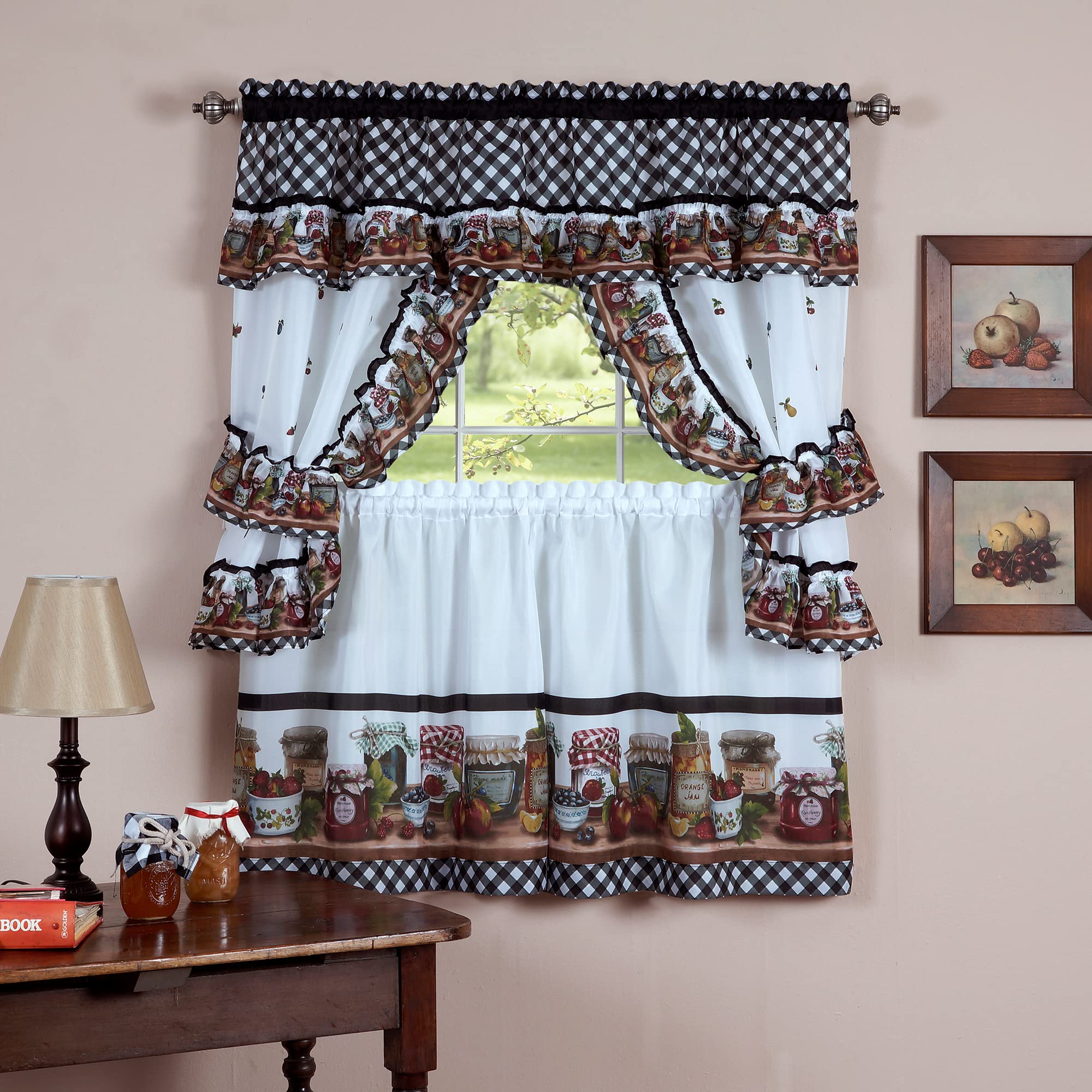Printed Cottage Tier and Swag Window Curtain Set  57 Inch Width, 36 Inch Length  Mason Jars  Light Filtering Drapes for Kitch