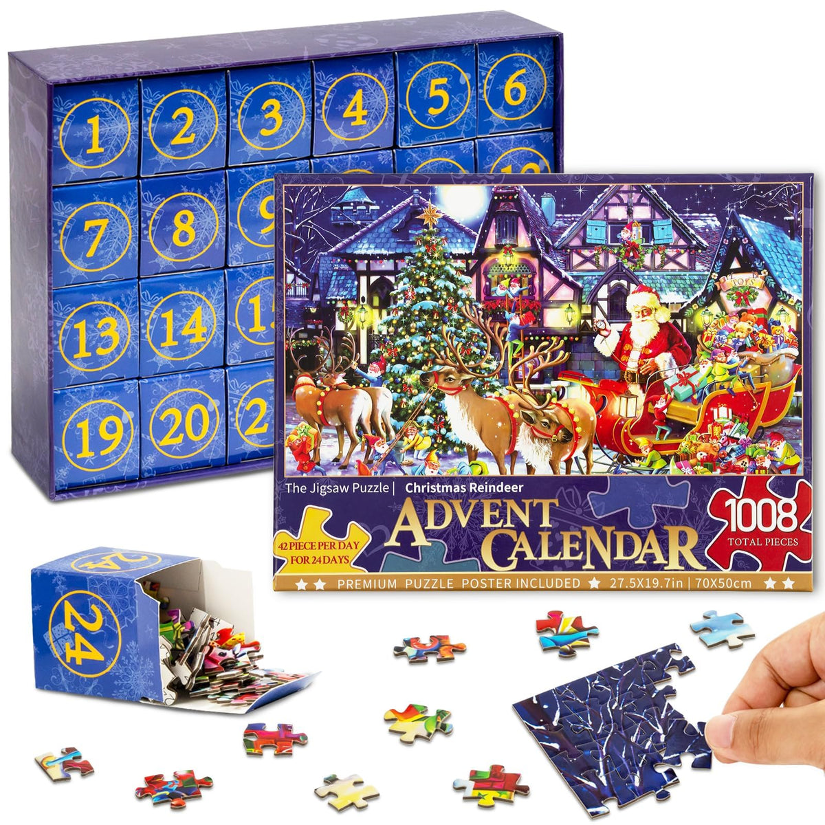Christmas Advent Calendar Puzzle 2024 24 Days of Countdown Jigsaw Puzzle Calendar -1008Pcs Family Game Deer Puzzles for Christma