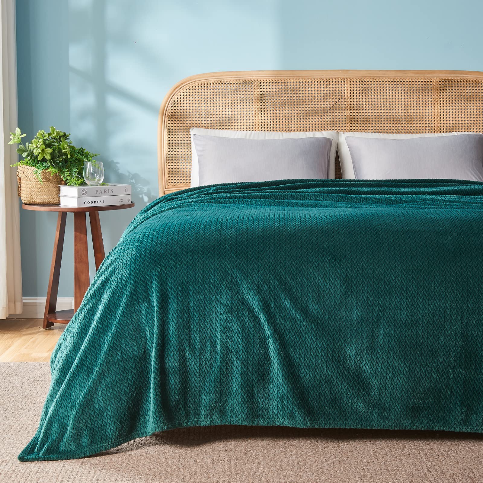 Newcosplay Super Soft King Blanket Dark Teal Premium Silky Flannel Fleece Leaves Pattern Lightweight Bed Blanket All Season Use