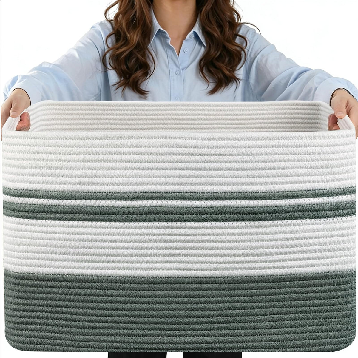 HOBASKET 75L Large Blanket Basket, 22x17x12Rectangle Cotton Rope Woven Storage Basket with Handles, Laundry Hamper for Living