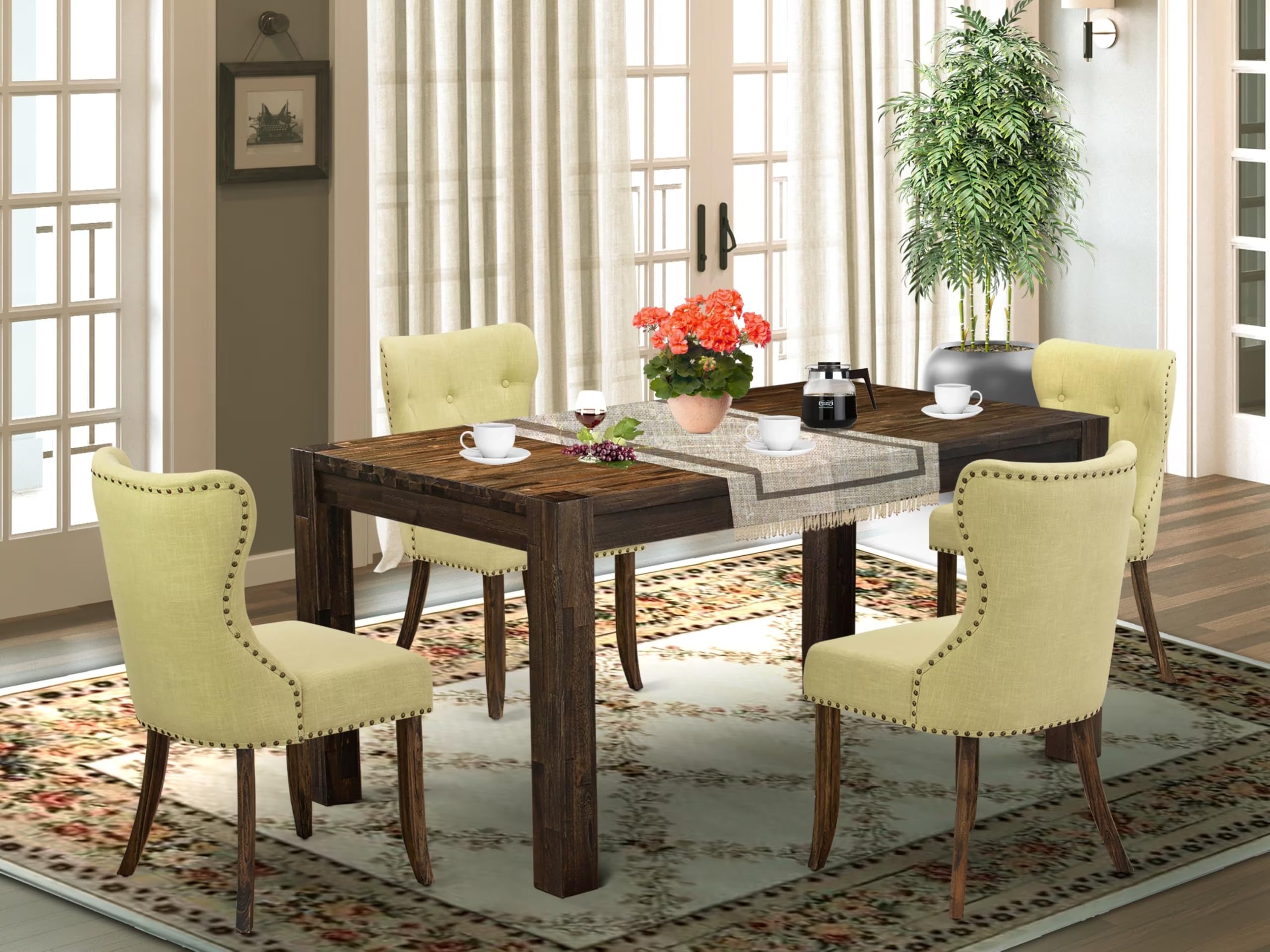 East West Furniture Cnsi5-77-37 5 Piece Dining Room Furniture Set Includes A Rectangle Rustic Wood Dining Table And 4 Limelight Linen Fabric Upholstered Chairs, 36X60 Inch, Jacobean