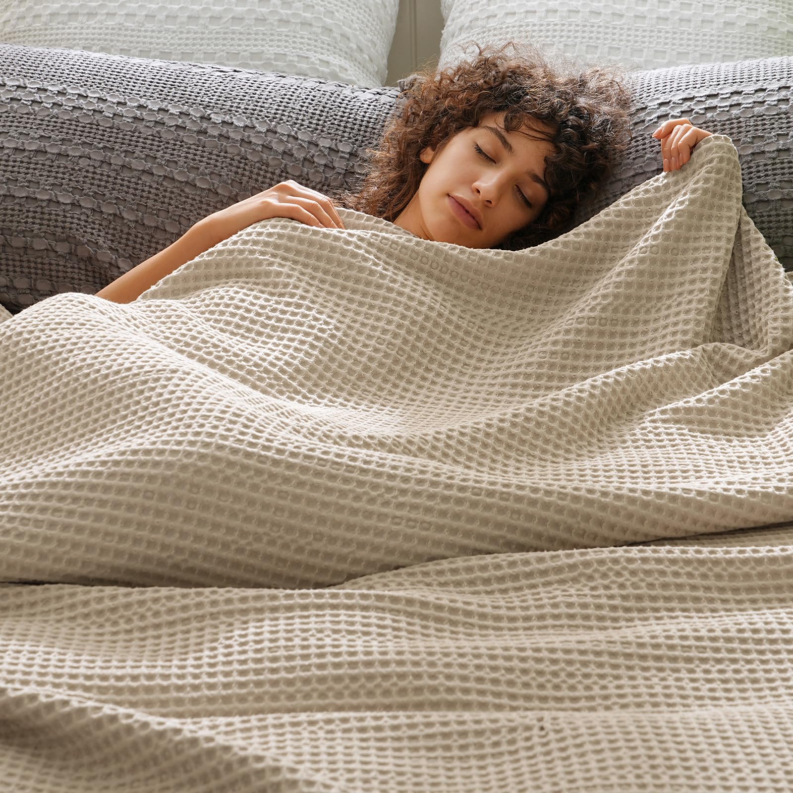 Phf Ultra Soft Waffle Weave Blanket Twin Size 66'X 90'- Washed Lightweight Breathable Cozy Woven Blanket For Bed - Aesthetic Decor For Couch Bedding Sofa Home Car - Khaki
