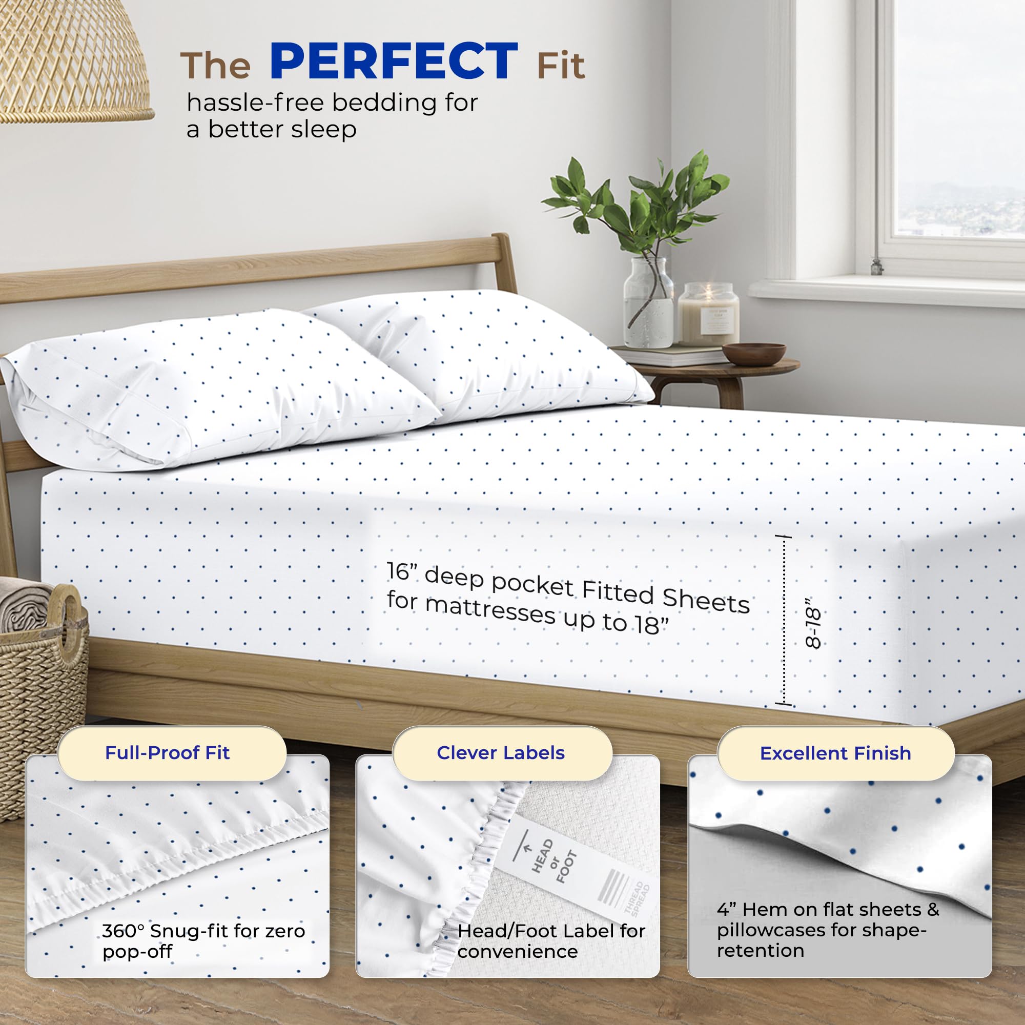 Thread Spread 100% Egyptian Cotton Printed Bed Sheets - 600 Thread Count 4 Pc King Sheet Set, Hotel Luxury Sateen Bedsheets, 16' Deep Pocket Soft Cooling Sheets For King Size Bed - Polka Dot - Navy